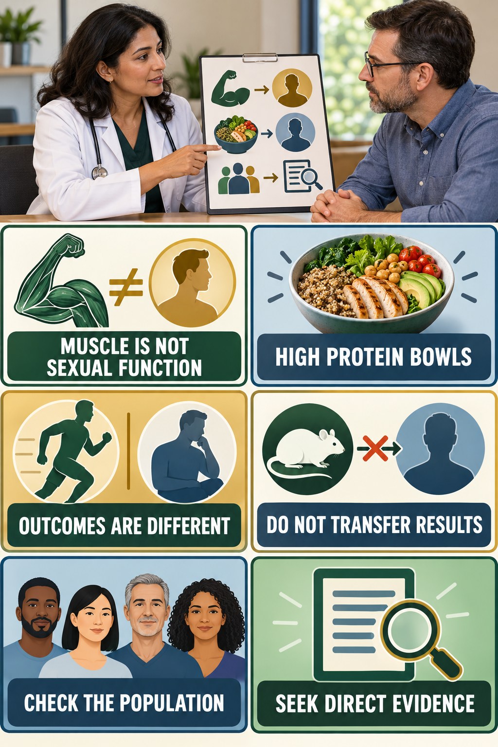 Muscle Support Is Not Sexual Function Evidence evidence-literacy infographic for High Protein Bowls with four concise claim-evaluation checks.