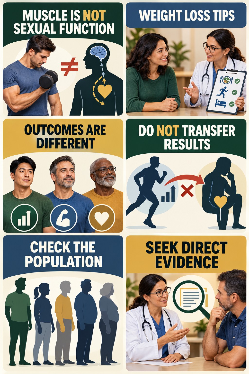 Muscle Support Is Not Sexual Function Evidence evidence-literacy infographic for Weight Loss Tips with four concise claim-evaluation checks.