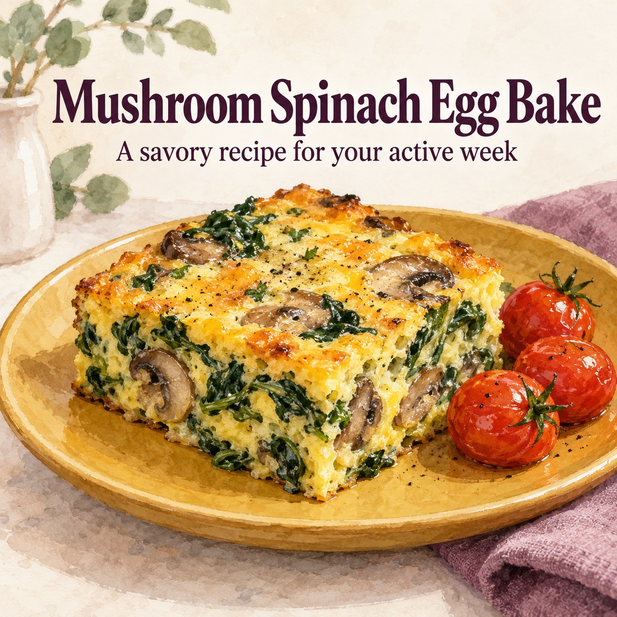 Square slice of mushroom and spinach egg bake on a plate beside tomatoes.