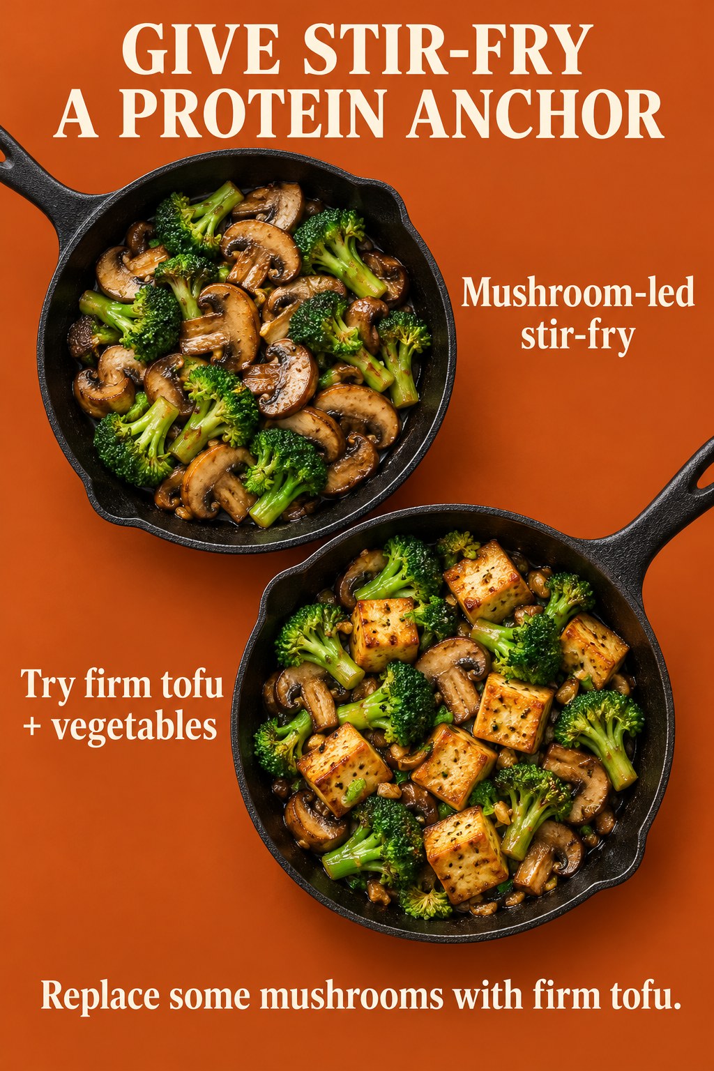 Orange dinner graphic compares mushroom and broccoli stir-fry with a version containing golden firm tofu cubes.