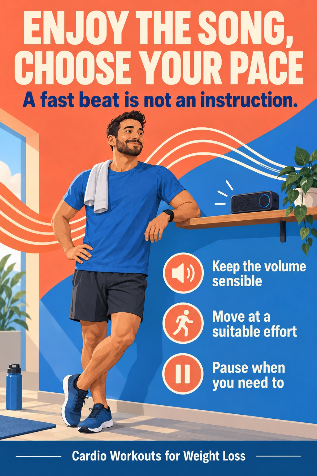 Adult preparing a cardio session beside a speaker under a message about choosing a personal pace