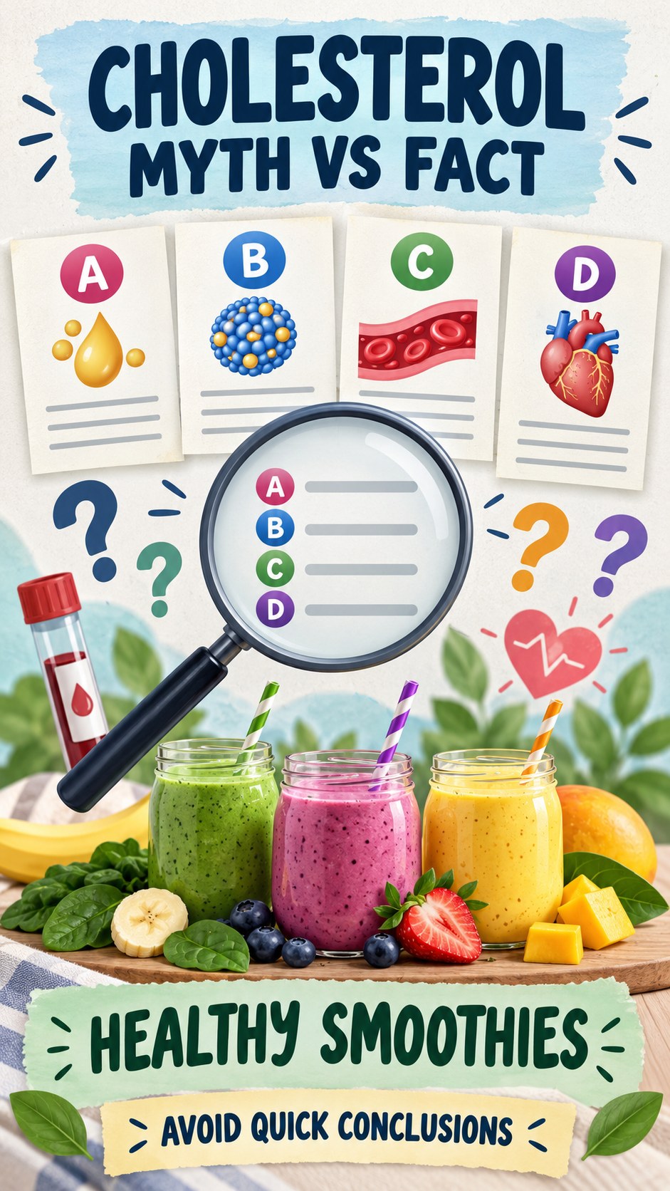 Cholesterol Myth Versus Fact infographic for Healthy Smoothies, using a non-numerical educational lipid-panel layout with question and context icons.