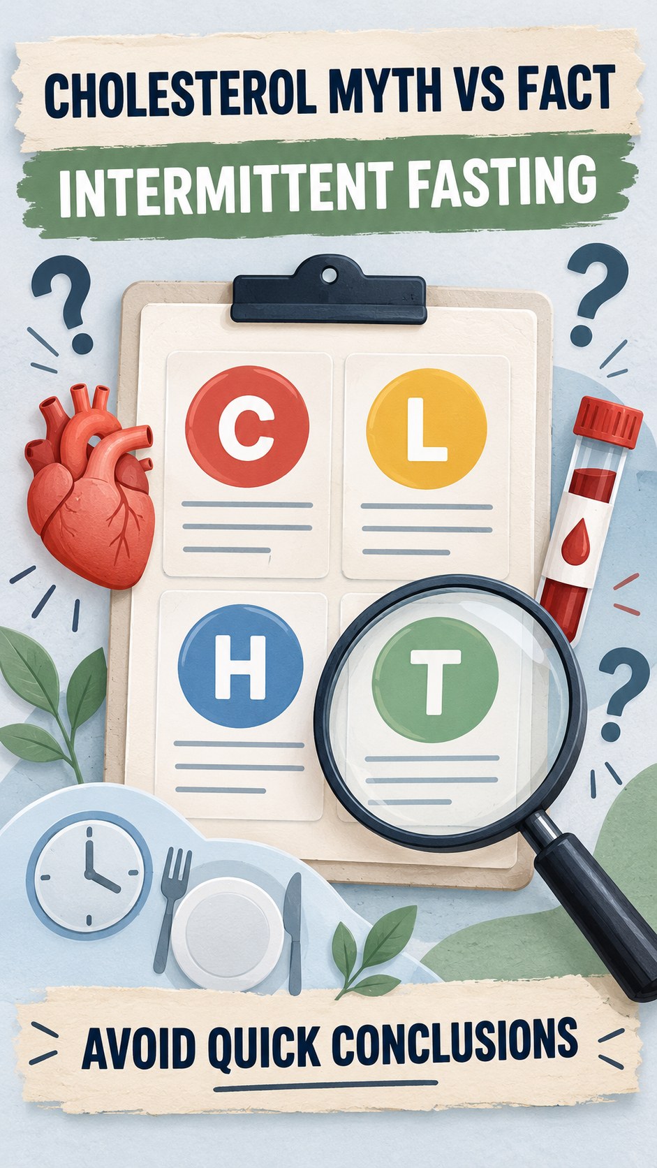 Cholesterol Myth Versus Fact infographic for Intermittent Fasting, using a non-numerical educational lipid-panel layout with question and context icons.