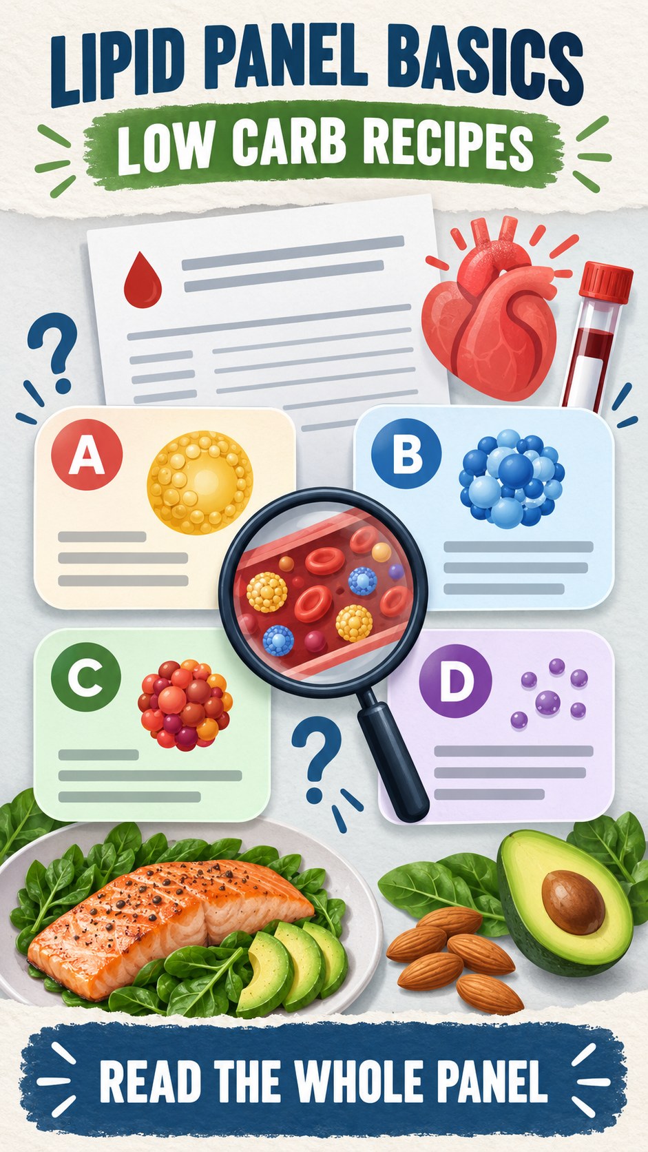 Lipid Panel Basics infographic for Low Carb Recipes, using a non-numerical educational lipid-panel layout with question and context icons.
