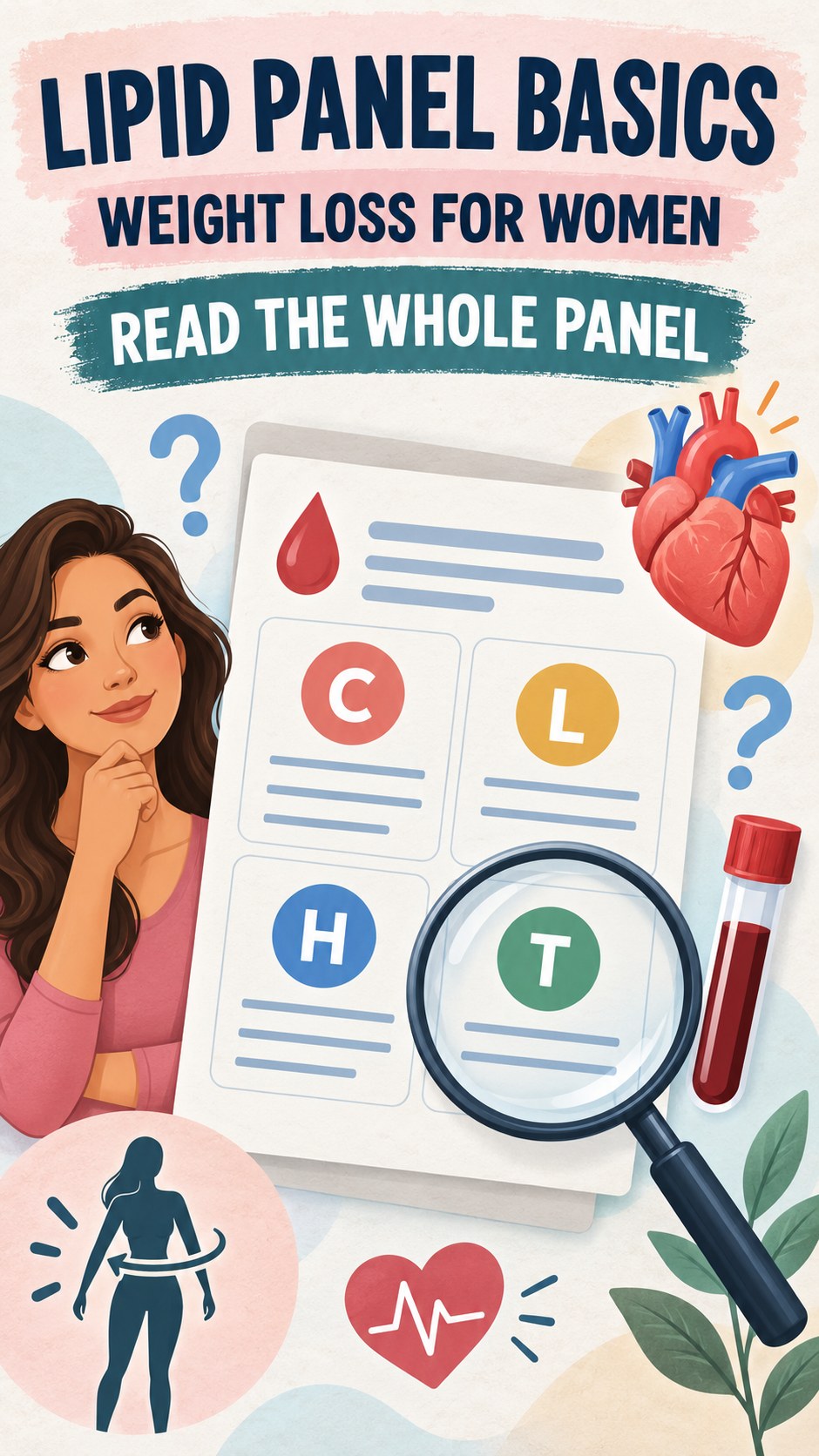 Lipid Panel Basics infographic for Weight Loss for Women, using a non-numerical educational lipid-panel layout with question and context icons.
