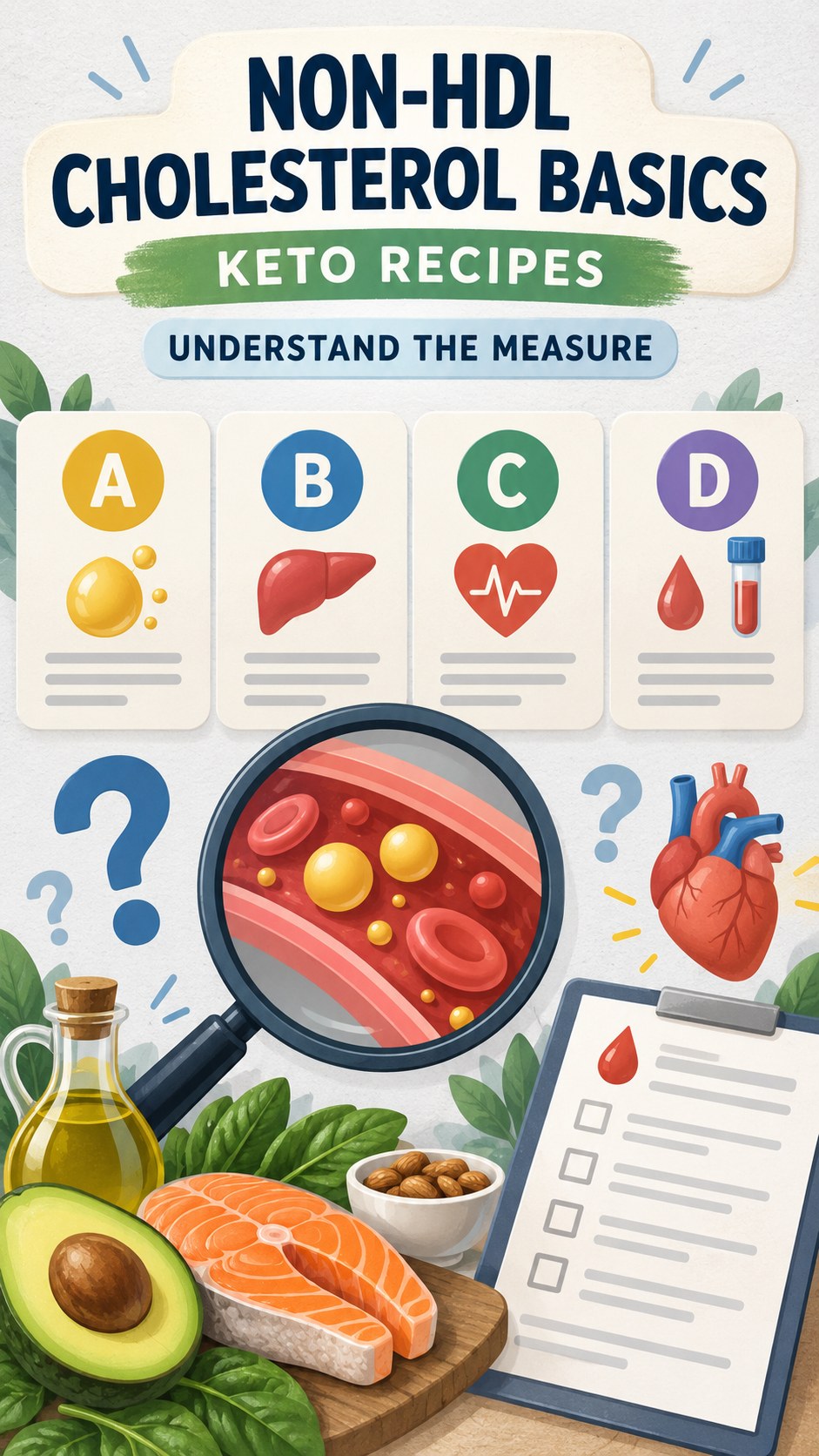 Non-HDL Cholesterol Basics infographic for Keto Recipes, using a non-numerical educational lipid-panel layout with question and context icons.