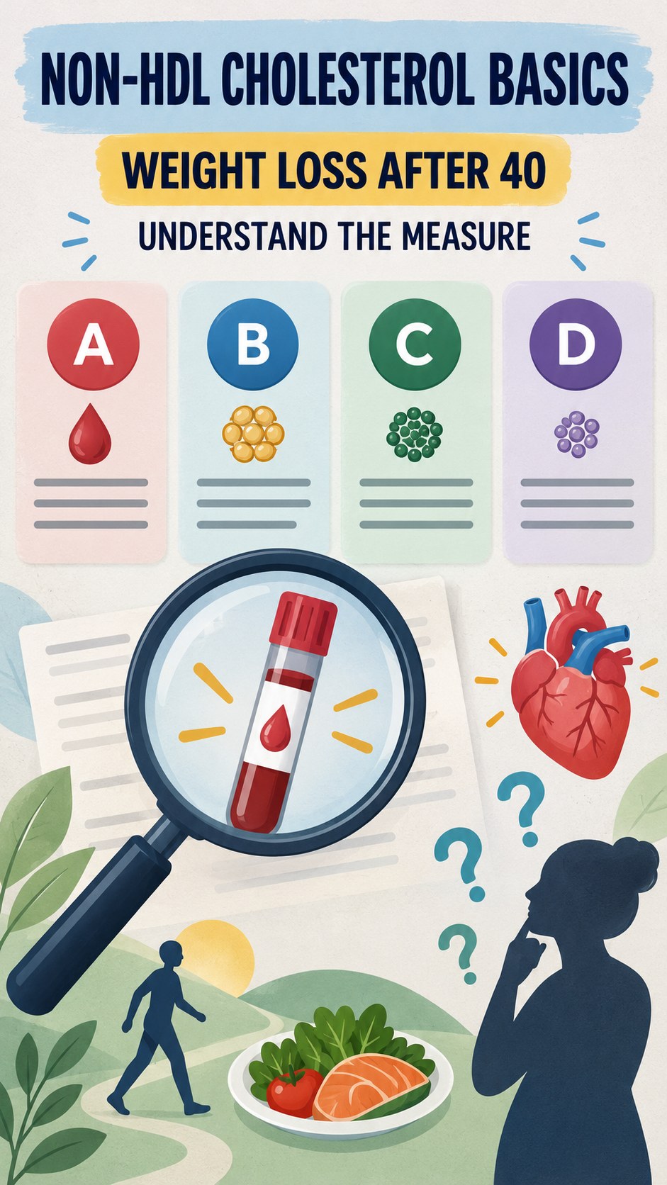 Non-HDL Cholesterol Basics infographic for Weight Loss After 40, using a non-numerical educational lipid-panel layout with question and context icons.