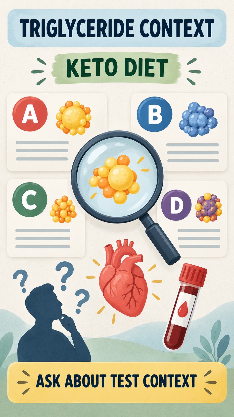 Triglyceride Context Checklist infographic for Keto Diet, using a non-numerical educational lipid-panel layout with question and context icons.