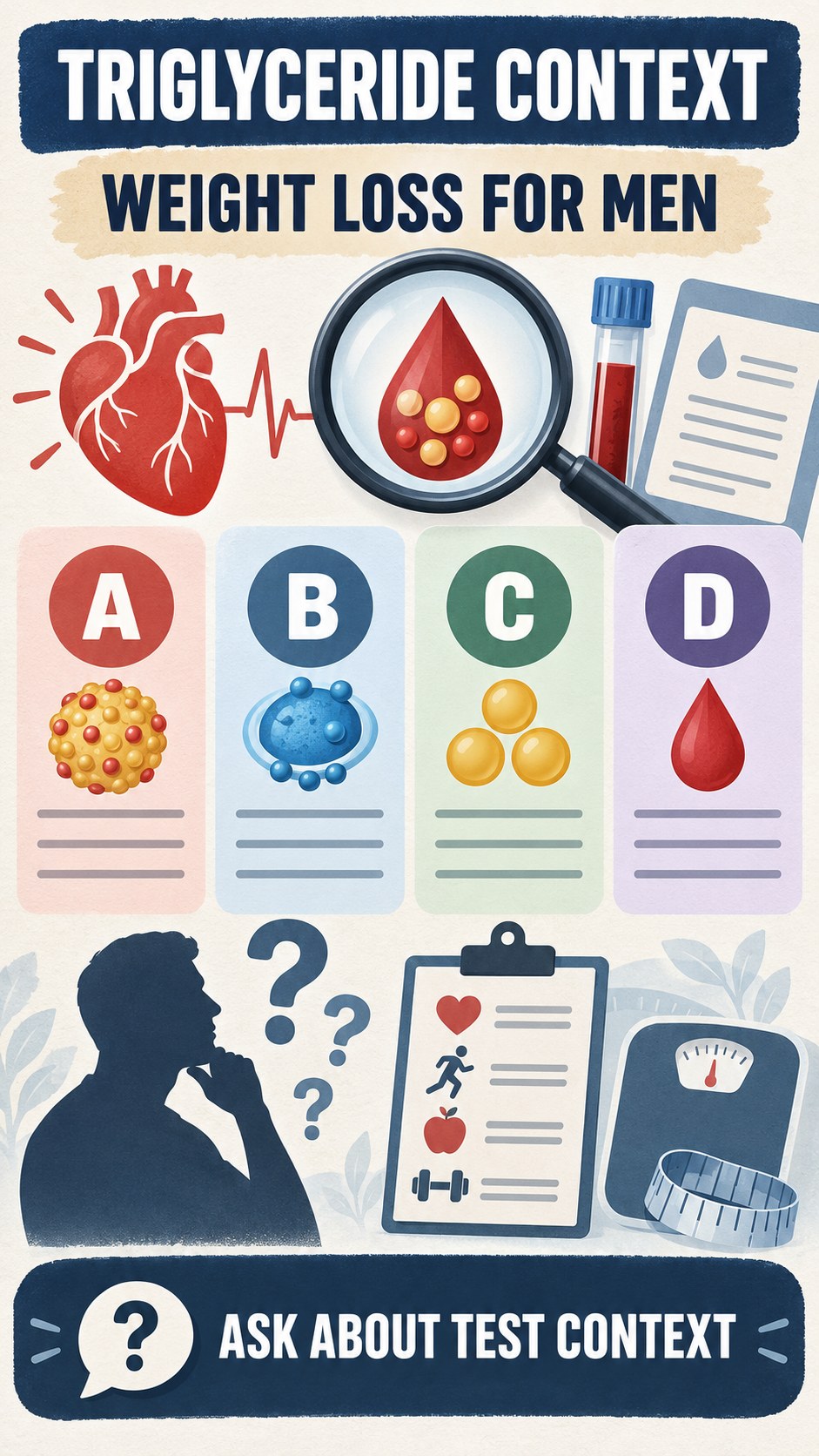 Triglyceride Context Checklist infographic for Weight Loss for Men, using a non-numerical educational lipid-panel layout with question and context icons.