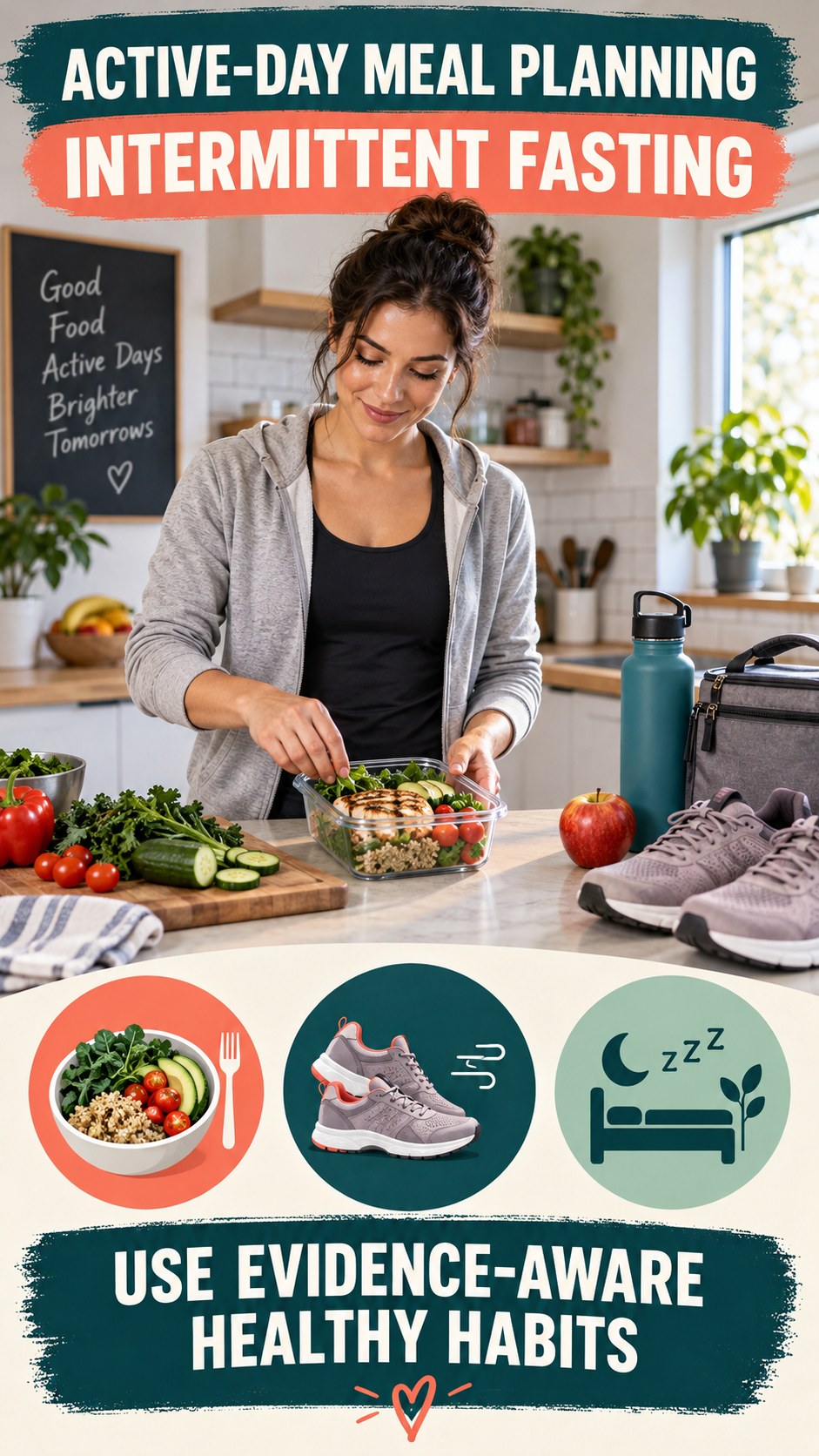 Active-Day Meal Planning infographic for Intermittent Fasting, showing practical metabolism-support habits for an active lifestyle.