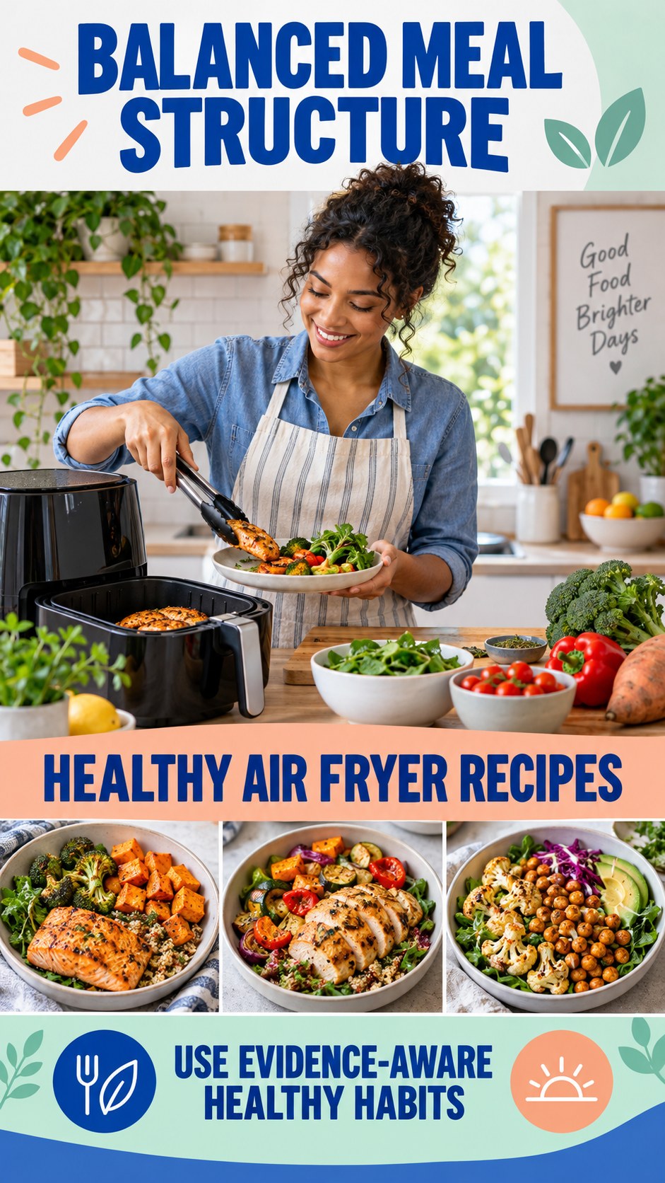 Balanced Meal Structure infographic for Healthy Air Fryer Recipes, showing practical metabolism-support habits for an active lifestyle.