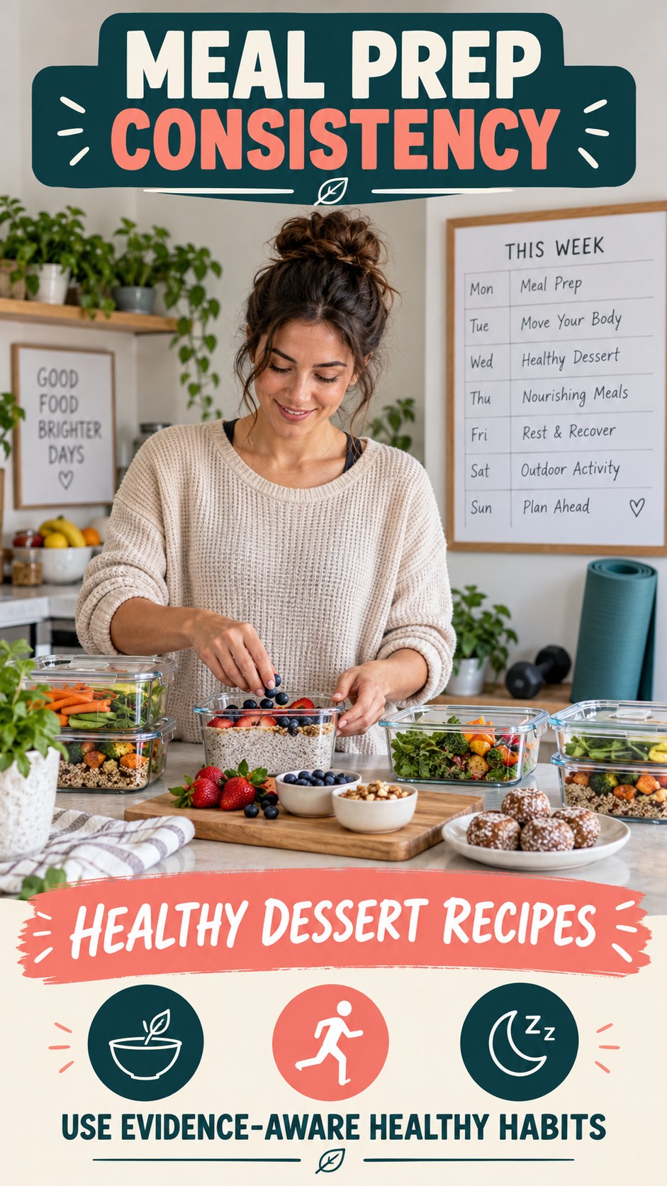 Meal Prep Consistency infographic for Healthy Dessert Recipes, showing practical metabolism-support habits for an active lifestyle.