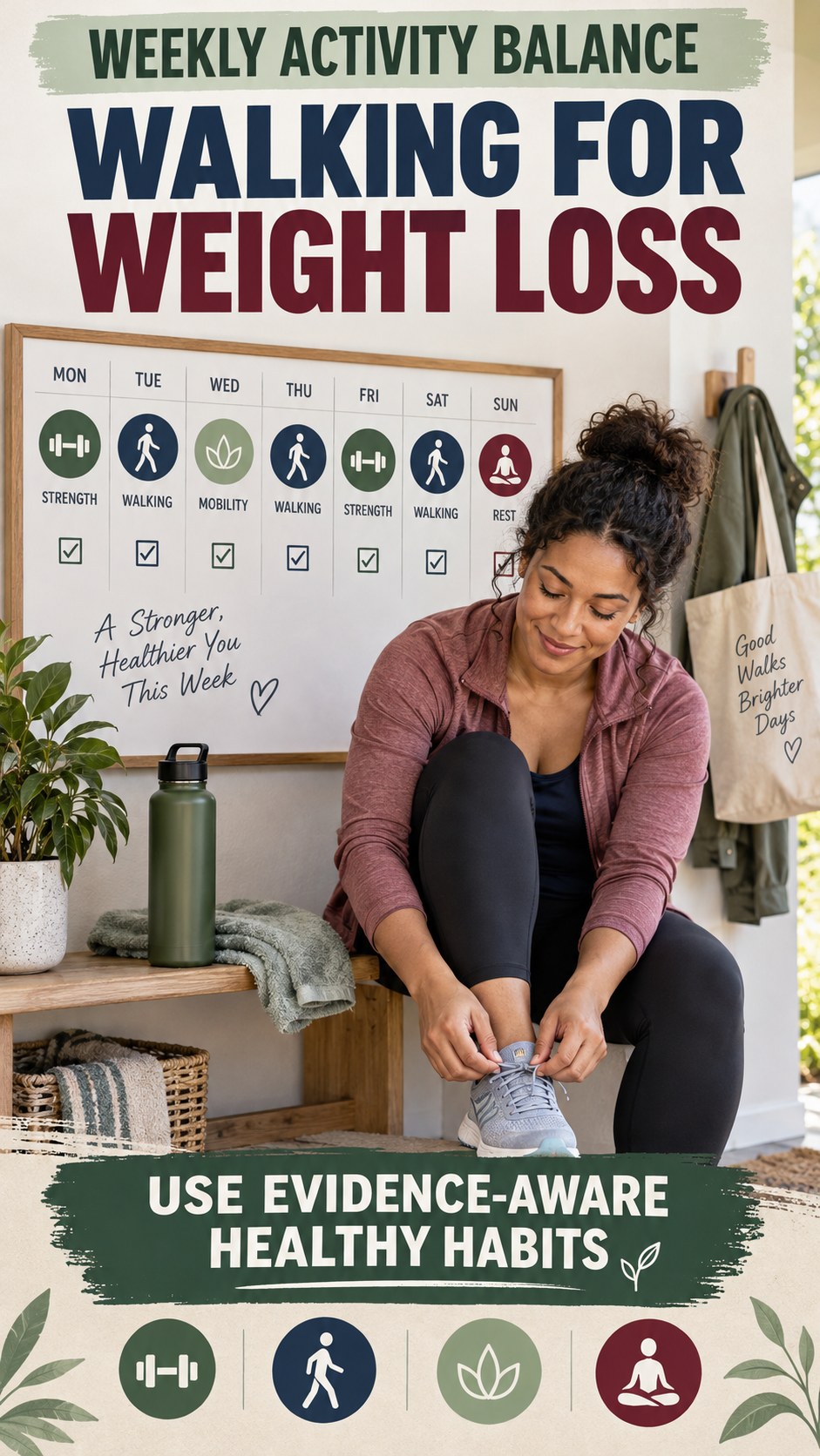 Weekly Activity Balance infographic for Walking for Weight Loss, showing practical metabolism-support habits for an active lifestyle.