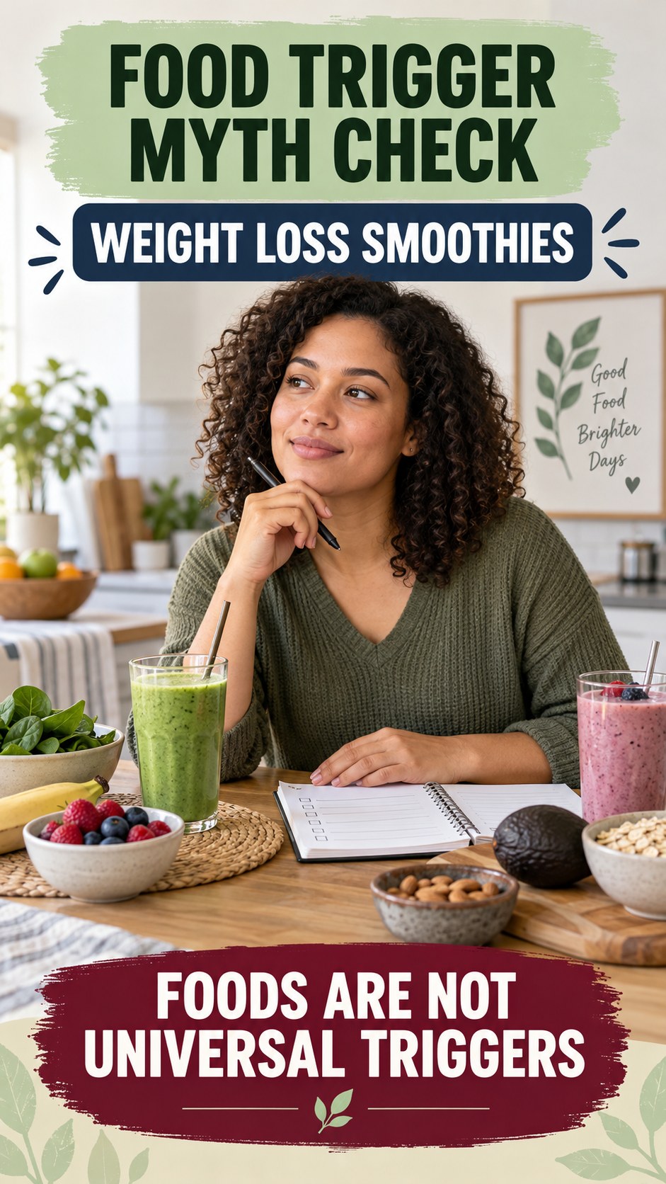 Food Trigger Myth Check infographic for Weight Loss Smoothies, explaining that possible cold-sore triggers vary by person.