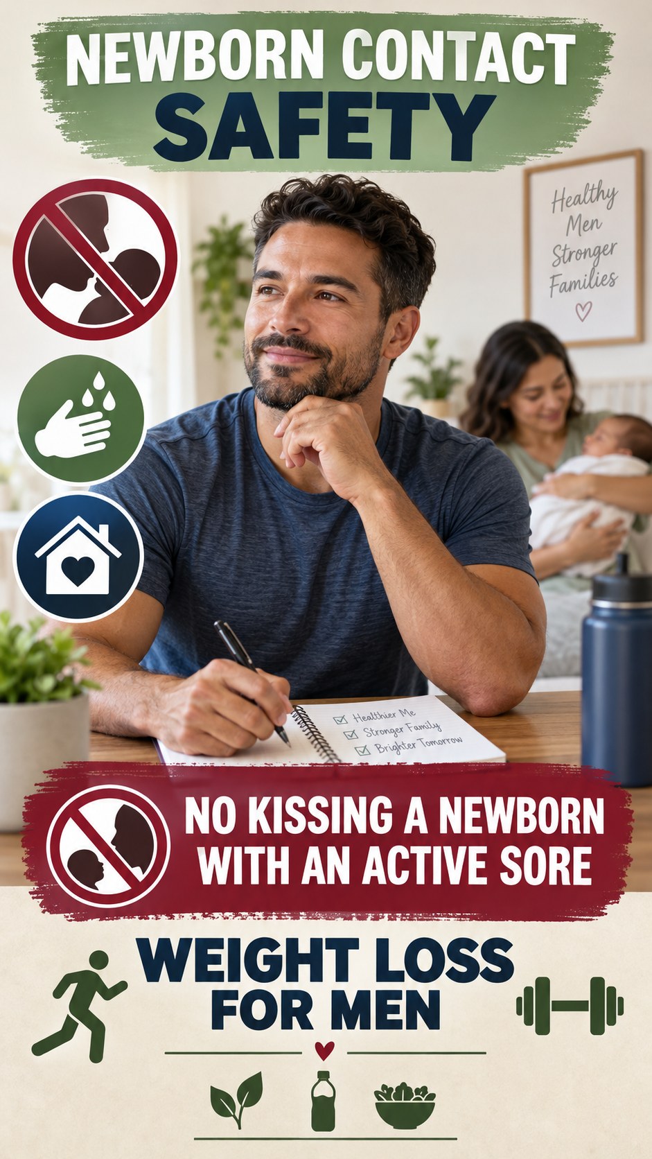 Newborn Contact Safety infographic for Weight Loss for Men, explaining that possible cold-sore triggers vary by person.