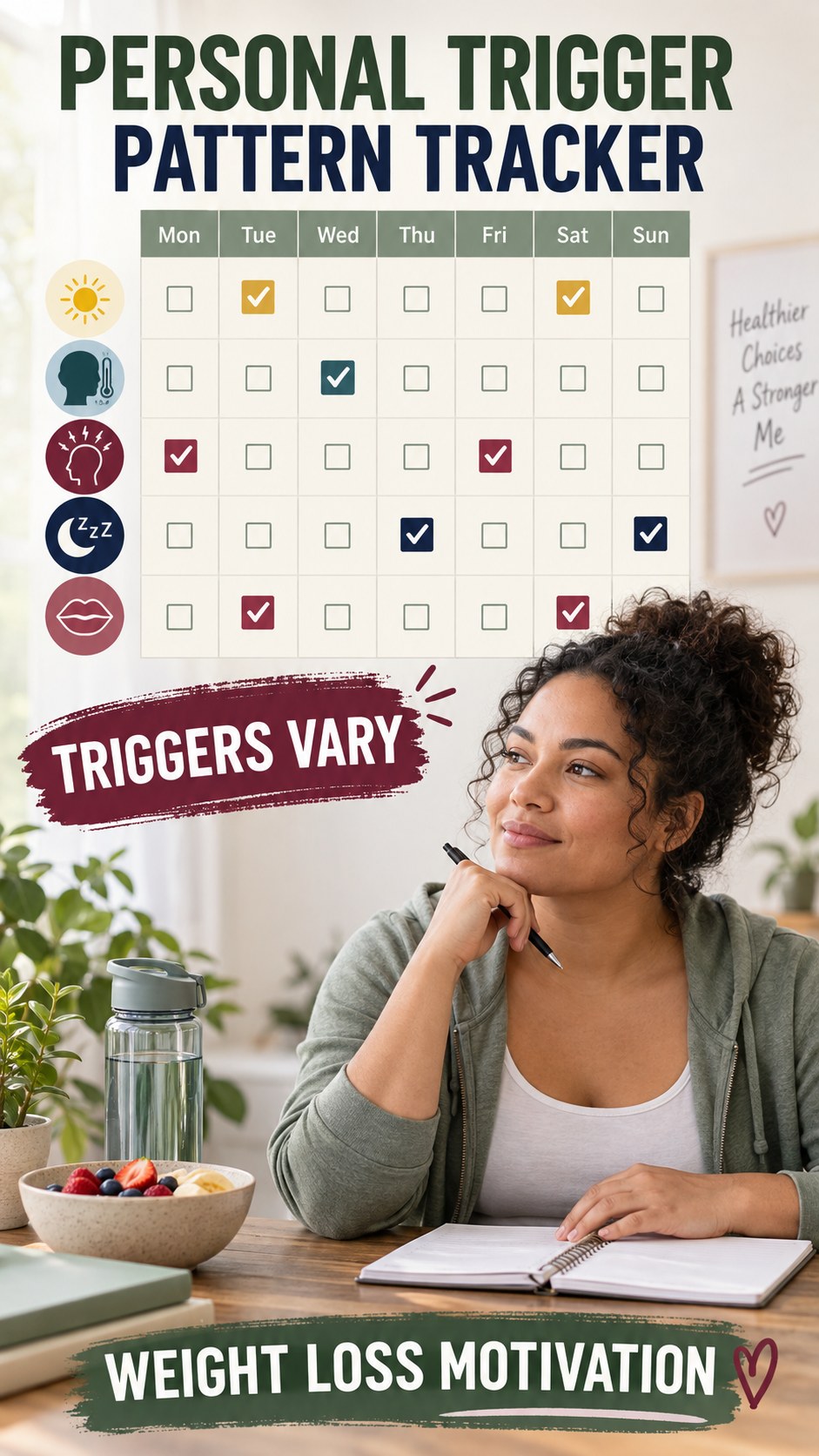 Personal Trigger Pattern Tracker infographic for Weight Loss Motivation, explaining that possible cold-sore triggers vary by person.