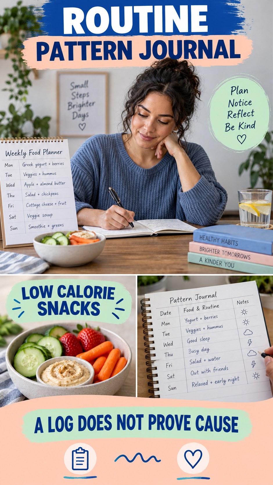 Routine Pattern Journal infographic for Low Calorie Snacks, explaining that possible cold-sore triggers vary by person.