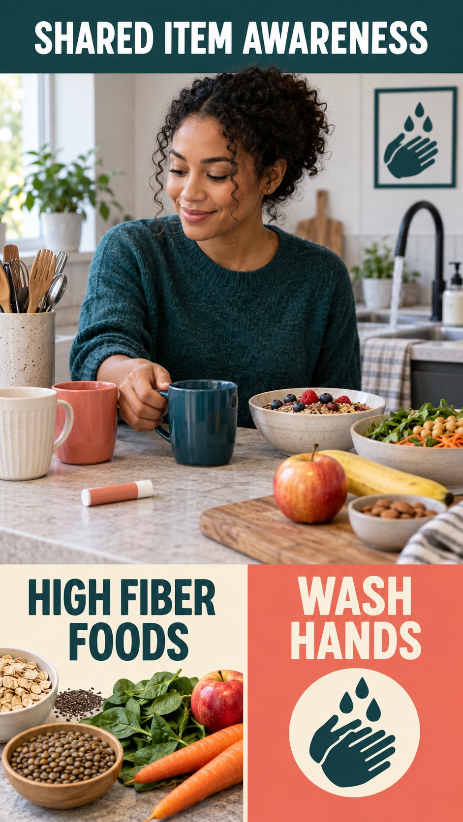 Shared Item Awareness infographic for High Fiber Foods, explaining that possible cold-sore triggers vary by person.