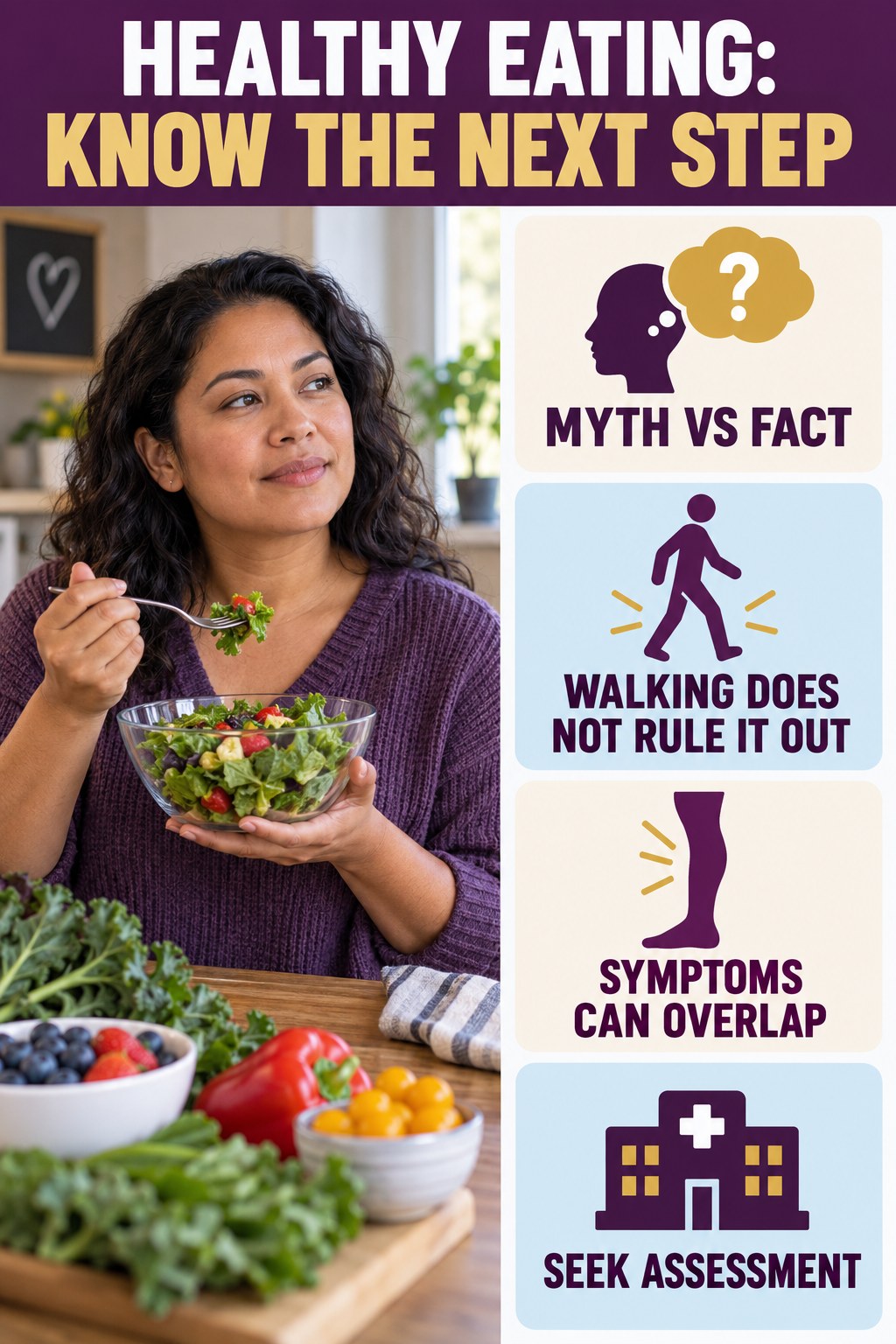 Myth: Walking Rules Out a Clot infographic for Healthy Eating, explaining vein-health warning signs and the appropriate next action without diagnosing a condition.