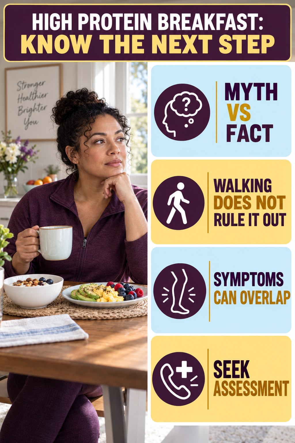 Myth: Walking Rules Out a Clot infographic for High Protein Breakfast, explaining vein-health warning signs and the appropriate next action without diagnosing a condition.
