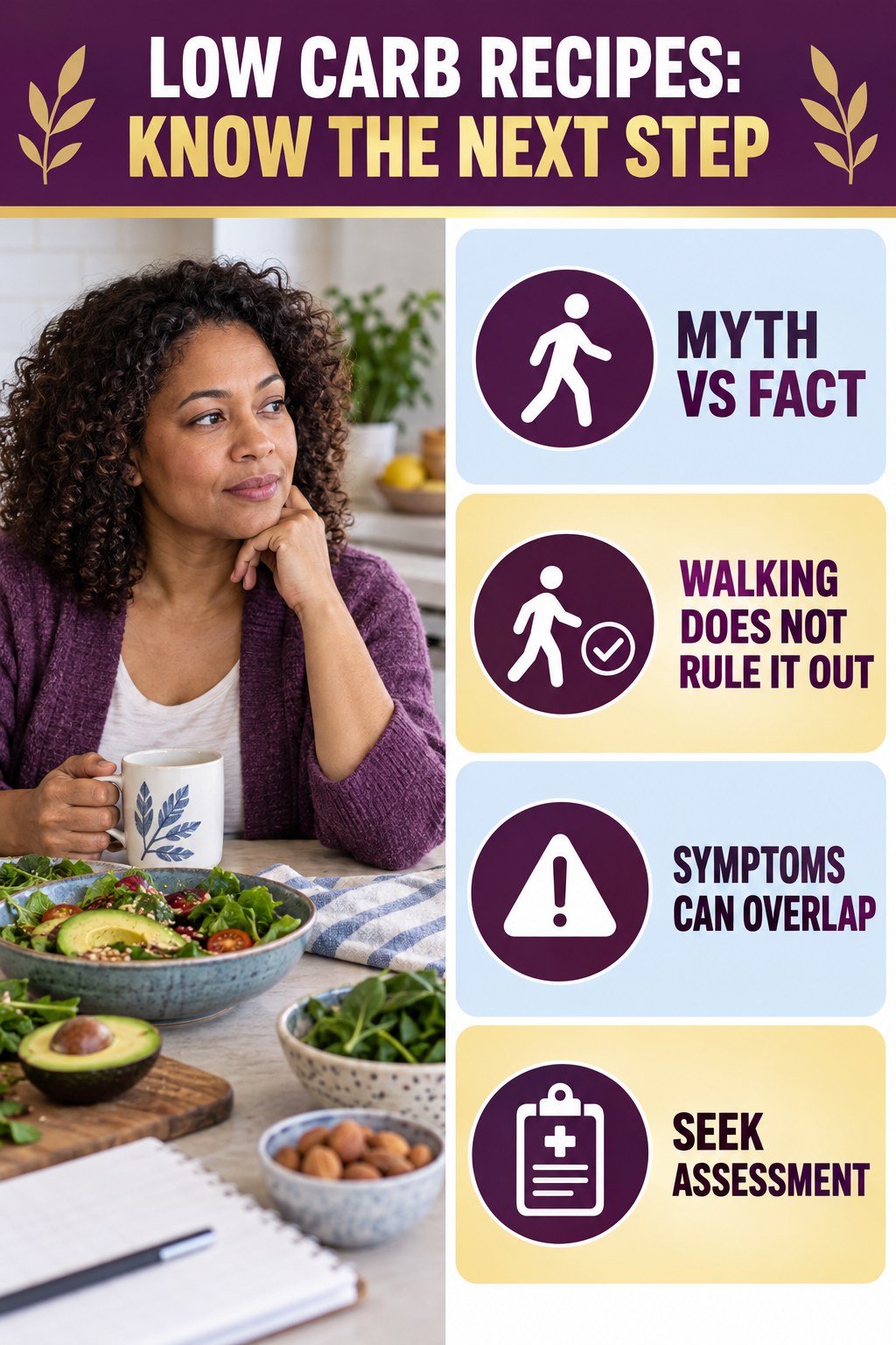 Myth: Walking Rules Out a Clot infographic for Low Carb Recipes, explaining vein-health warning signs and the appropriate next action without diagnosing a condition.