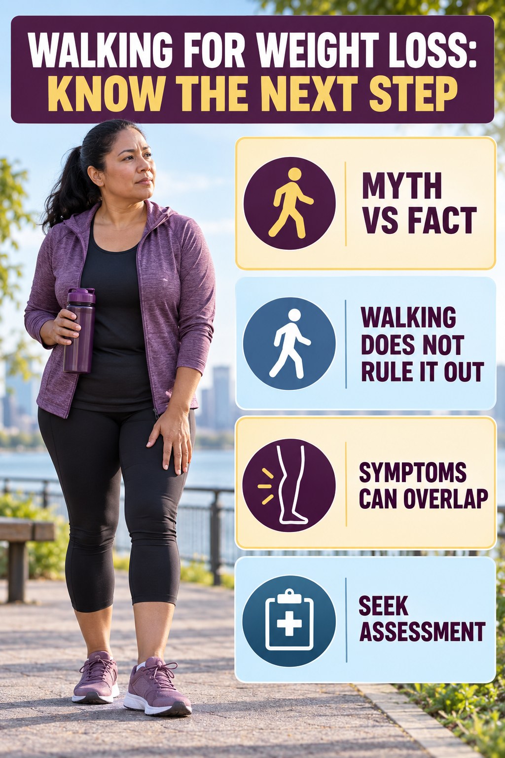 Myth: Walking Rules Out a Clot infographic for Walking for Weight Loss, explaining vein-health warning signs and the appropriate next action without diagnosing a condition.