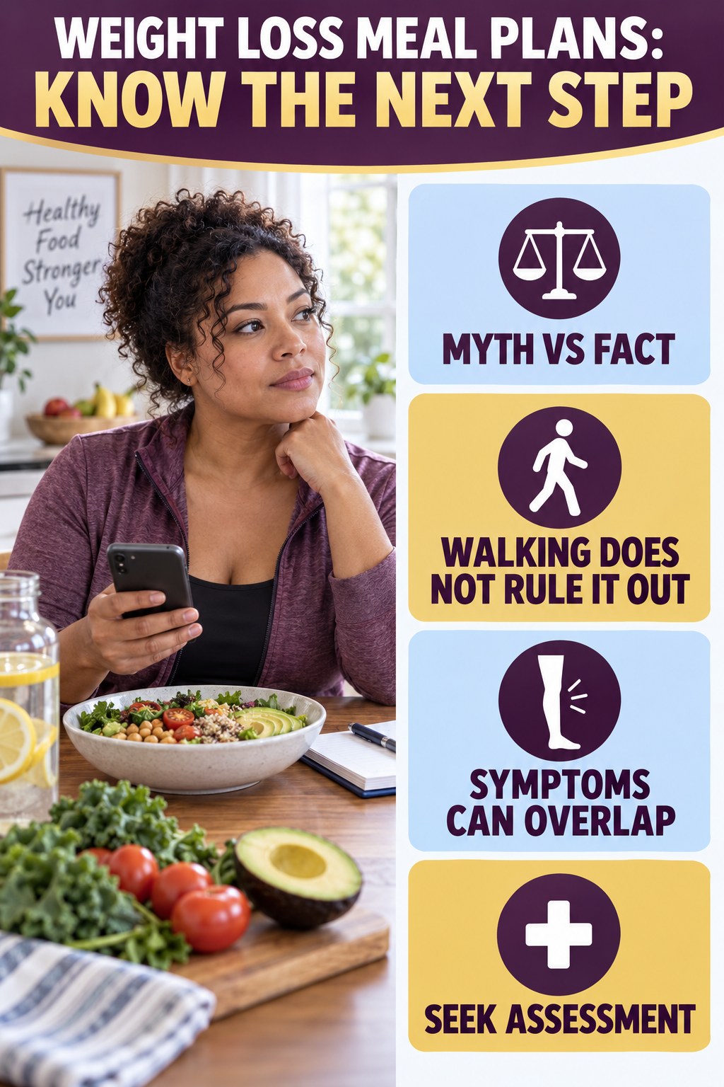 Myth: Walking Rules Out a Clot infographic for Weight Loss Meal Plans, explaining vein-health warning signs and the appropriate next action without diagnosing a condition.