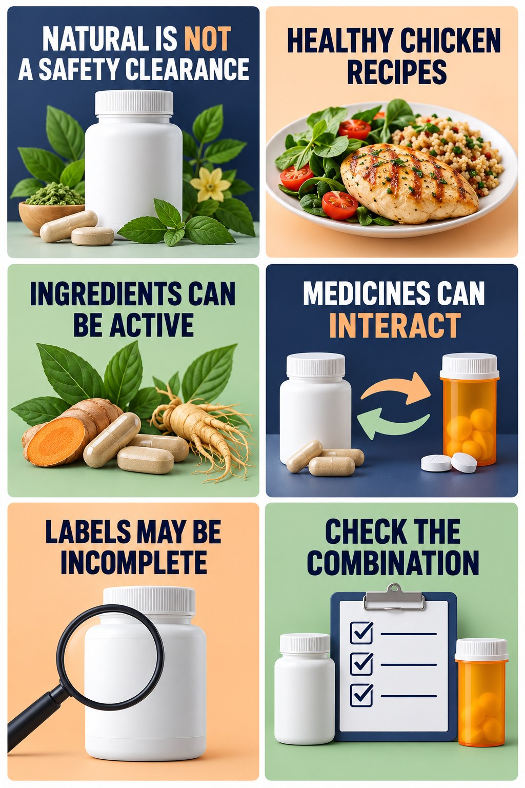 Natural Does Not Mean Interaction-Free supplement-interaction safety infographic for Healthy Chicken Recipes with four concise review points.