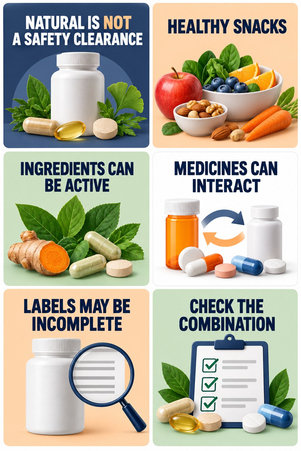 Natural Does Not Mean Interaction-Free supplement-interaction safety infographic for Healthy Snacks with four concise review points.
