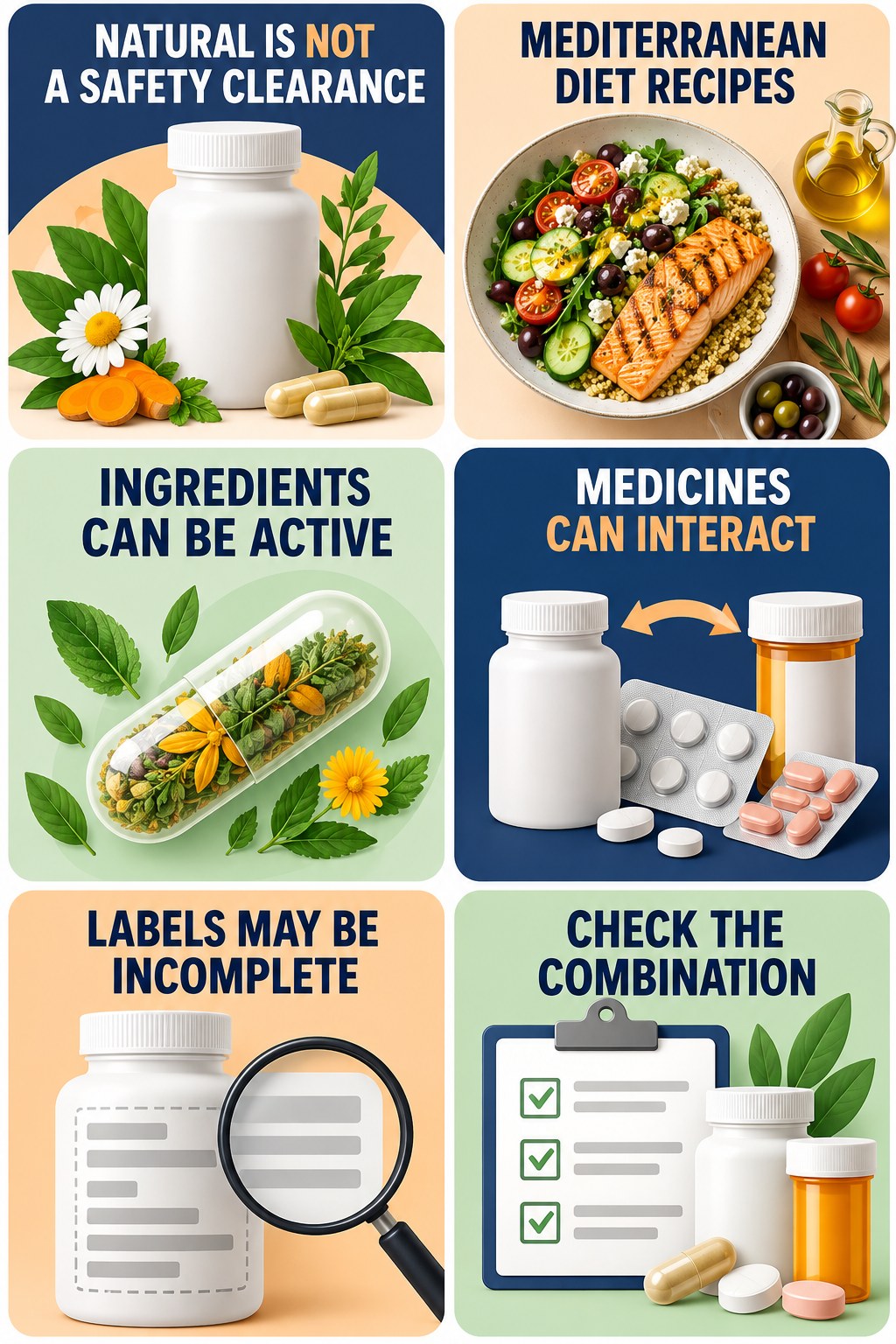 Natural Does Not Mean Interaction-Free supplement-interaction safety infographic for Mediterranean Diet Recipes with four concise review points.