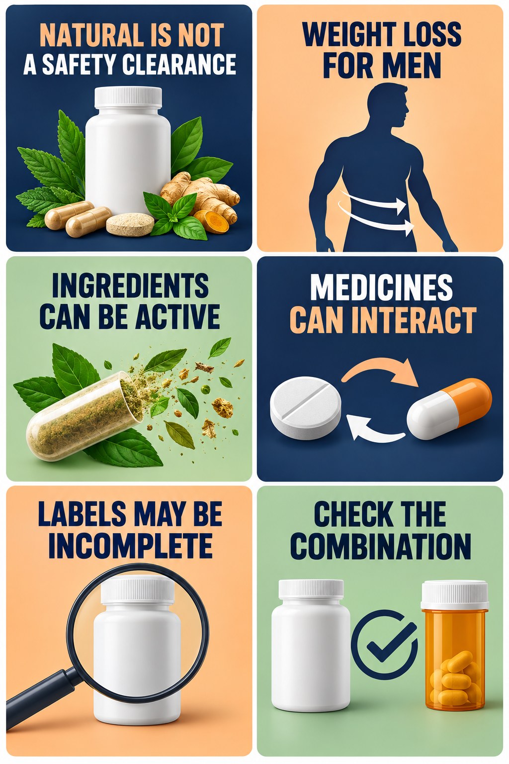 Natural Does Not Mean Interaction-Free supplement-interaction safety infographic for Weight Loss for Men with four concise review points.