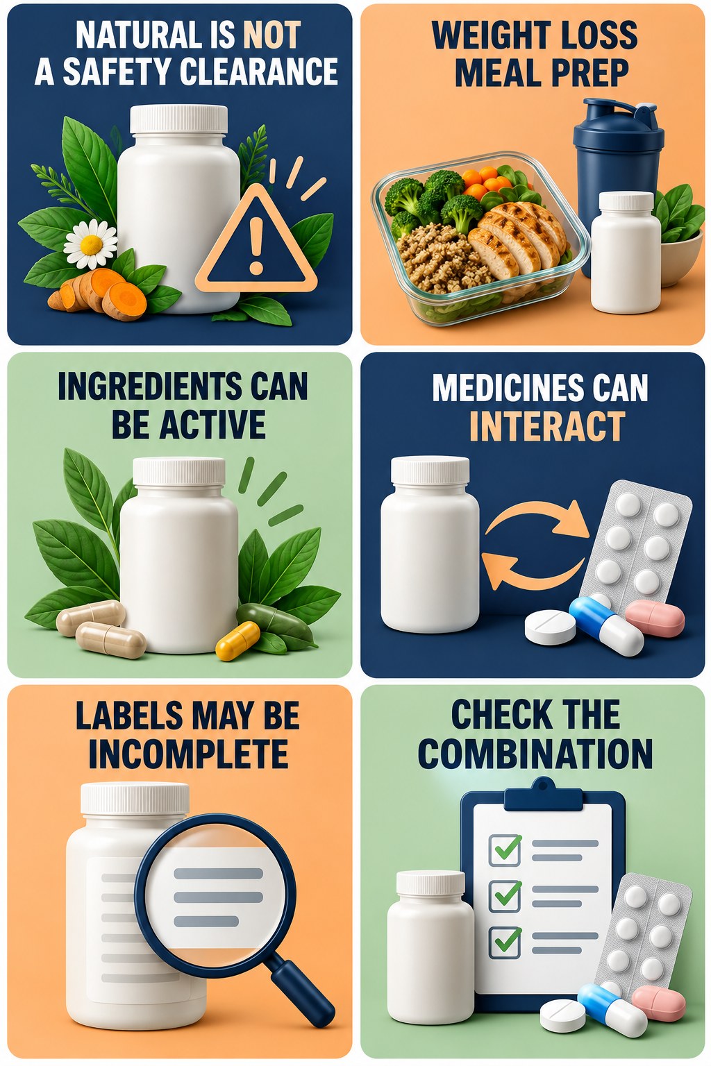 Natural Does Not Mean Interaction-Free supplement-interaction safety infographic for Weight Loss Meal Prep with four concise review points.