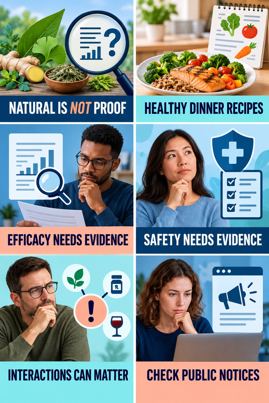 Natural Does Not Mean Proven or Risk-Free evidence-literacy infographic for Healthy Dinner Recipes with four concise claim-evaluation checks.