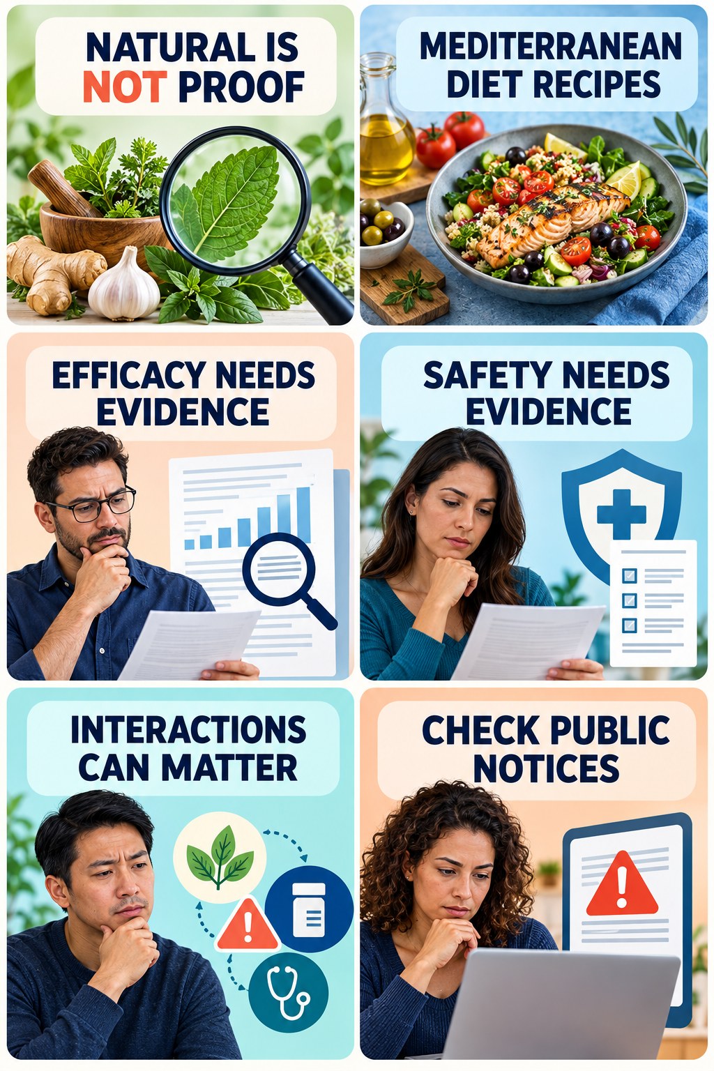 Natural Does Not Mean Proven or Risk-Free evidence-literacy infographic for Mediterranean Diet Recipes with four concise claim-evaluation checks.