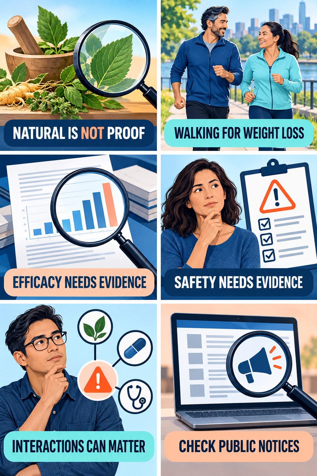Natural Does Not Mean Proven or Risk-Free evidence-literacy infographic for Walking for Weight Loss with four concise claim-evaluation checks.