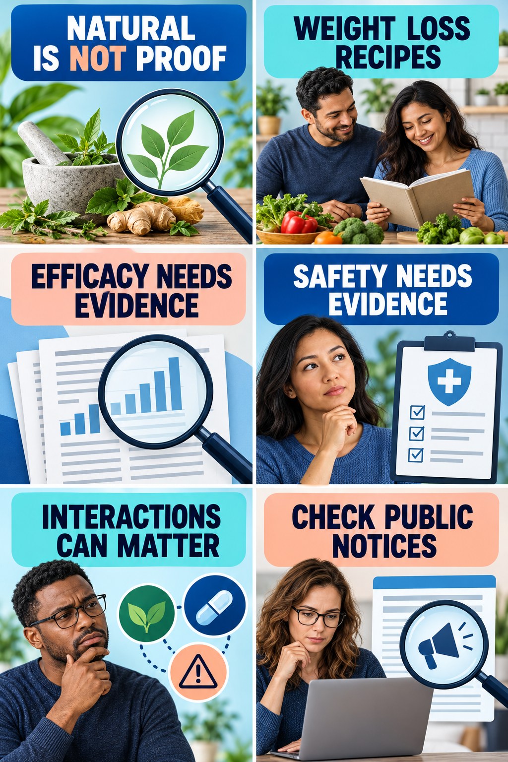 Natural Does Not Mean Proven or Risk-Free evidence-literacy infographic for Weight Loss Recipes with four concise claim-evaluation checks.