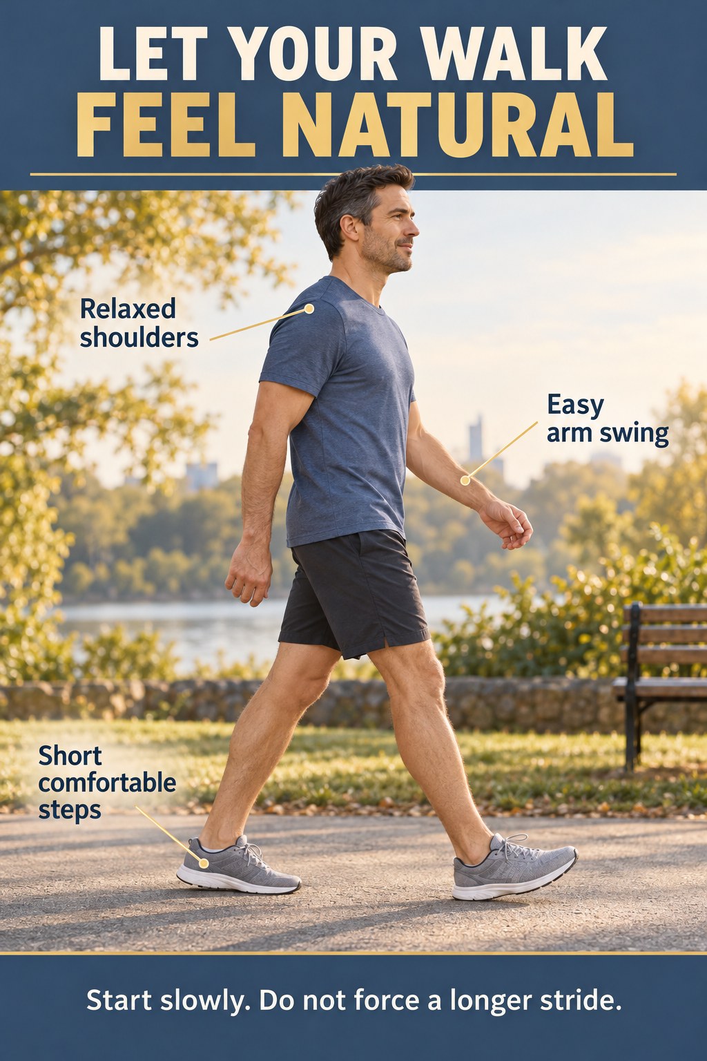 Side view of a man walking on a flat park path with callouts for comfortable steps, relaxed shoulders, and easy arm swing.