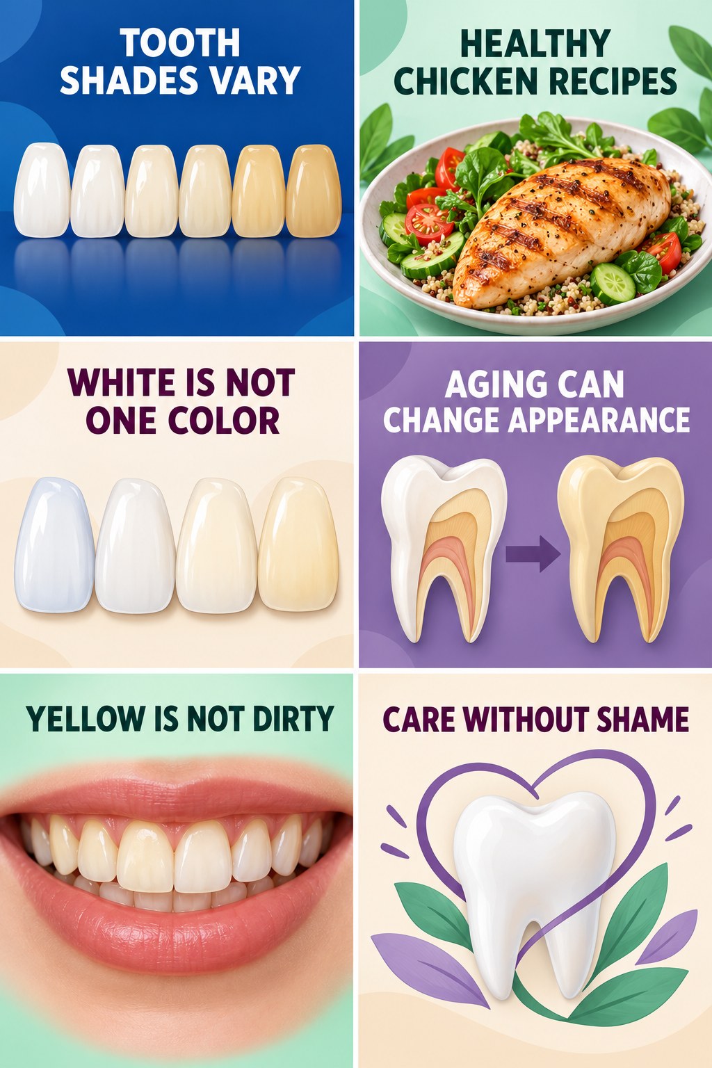 Natural Tooth Shade and Aging infographic for Healthy Chicken Recipes with four concise tooth-discoloration safety points.