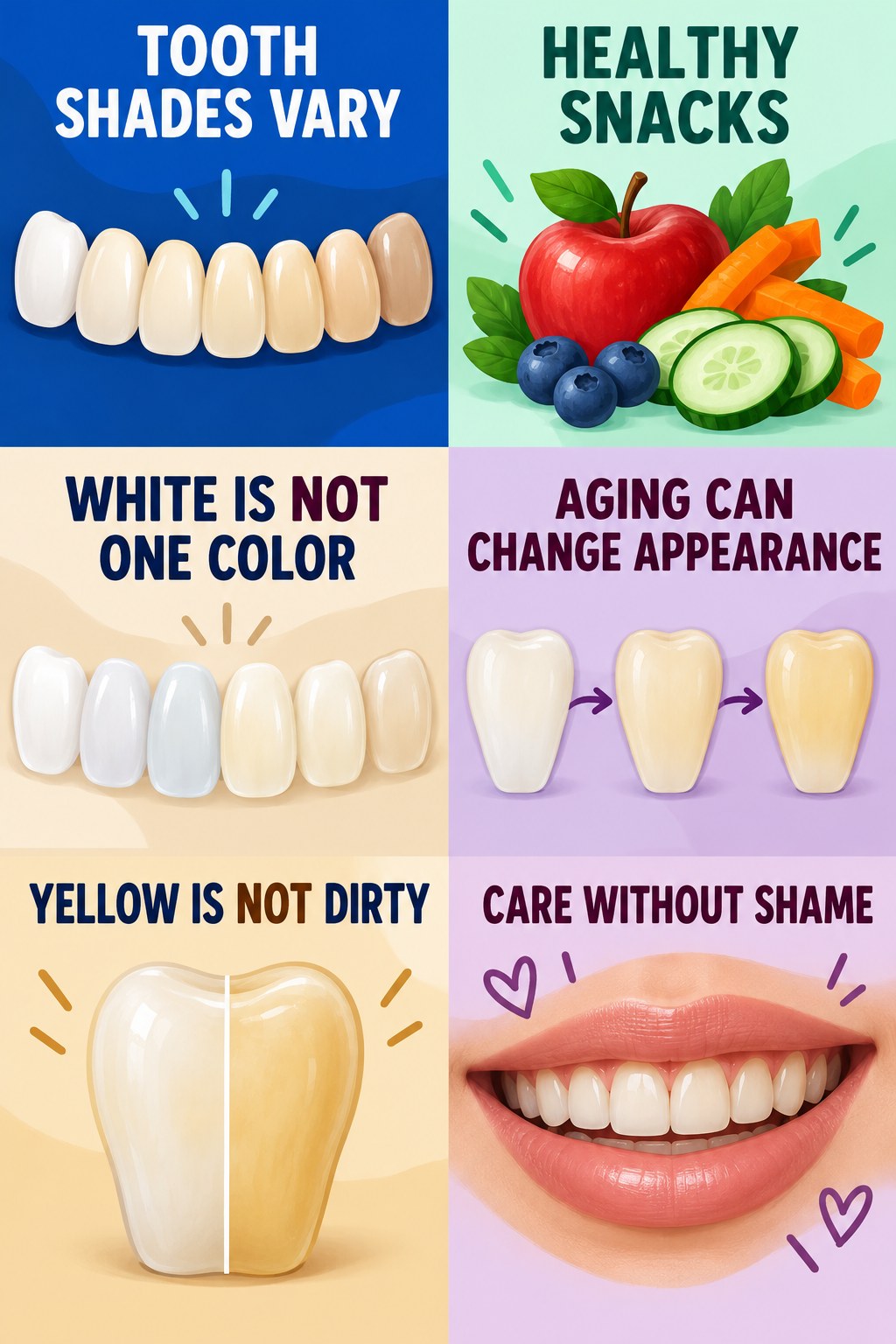 Natural Tooth Shade and Aging infographic for Healthy Snacks with four concise tooth-discoloration safety points.