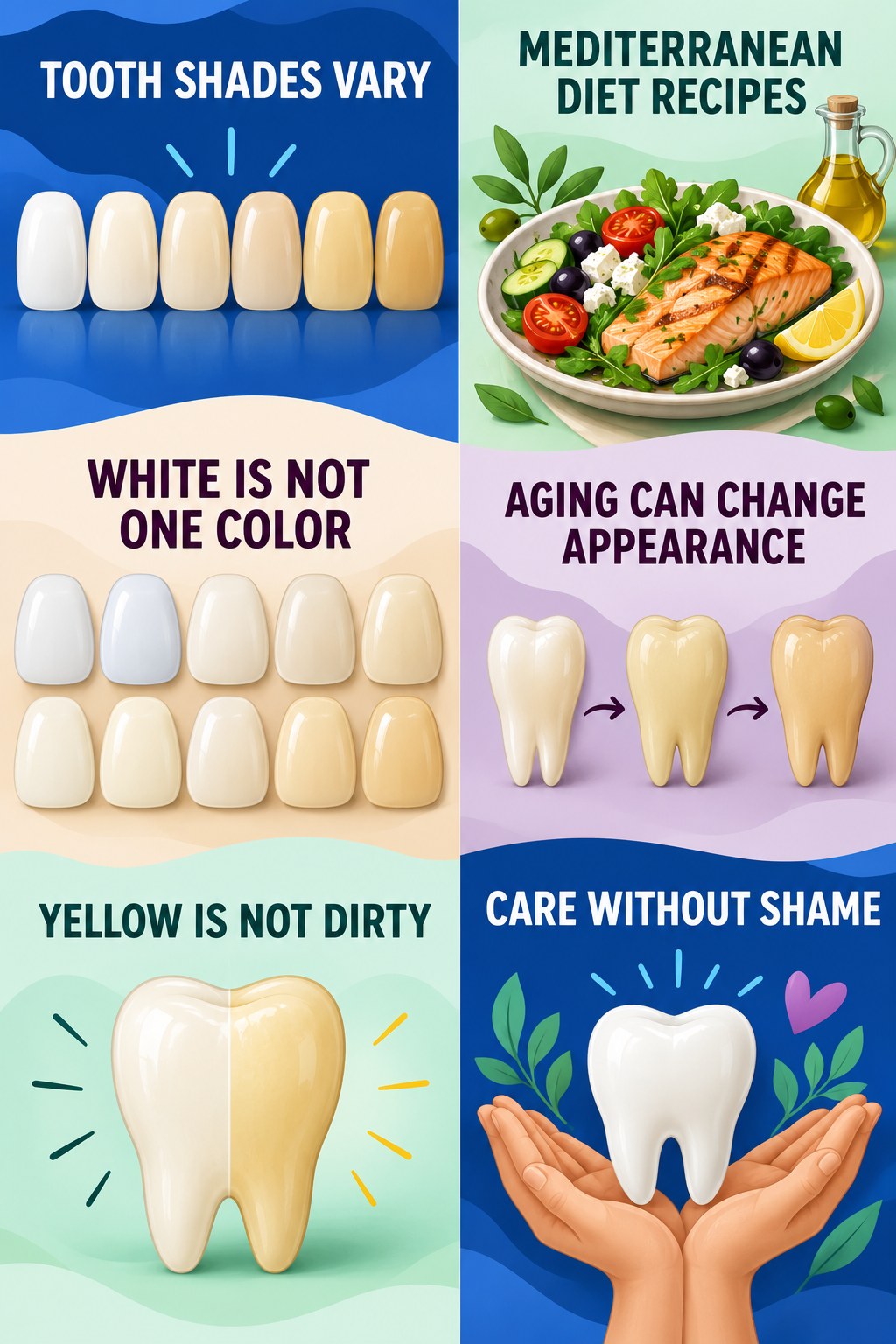 Natural Tooth Shade and Aging infographic for Mediterranean Diet Recipes with four concise tooth-discoloration safety points.