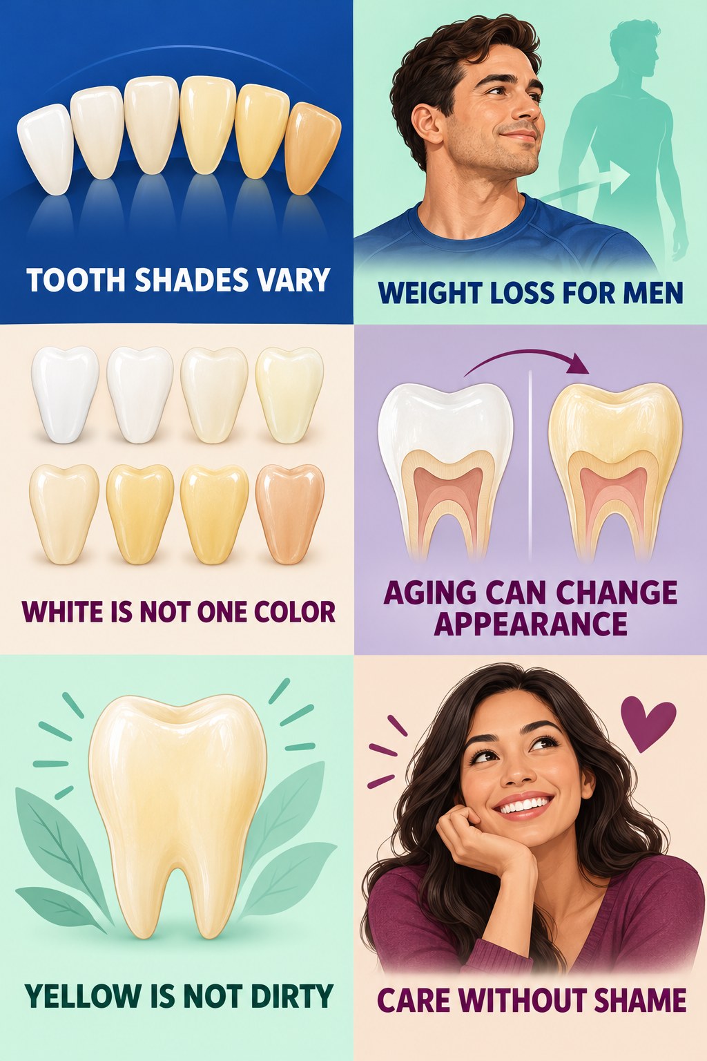 Natural Tooth Shade and Aging infographic for Weight Loss for Men with four concise tooth-discoloration safety points.