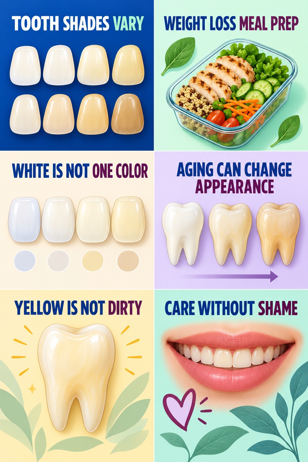 Natural Tooth Shade and Aging infographic for Weight Loss Meal Prep with four concise tooth-discoloration safety points.