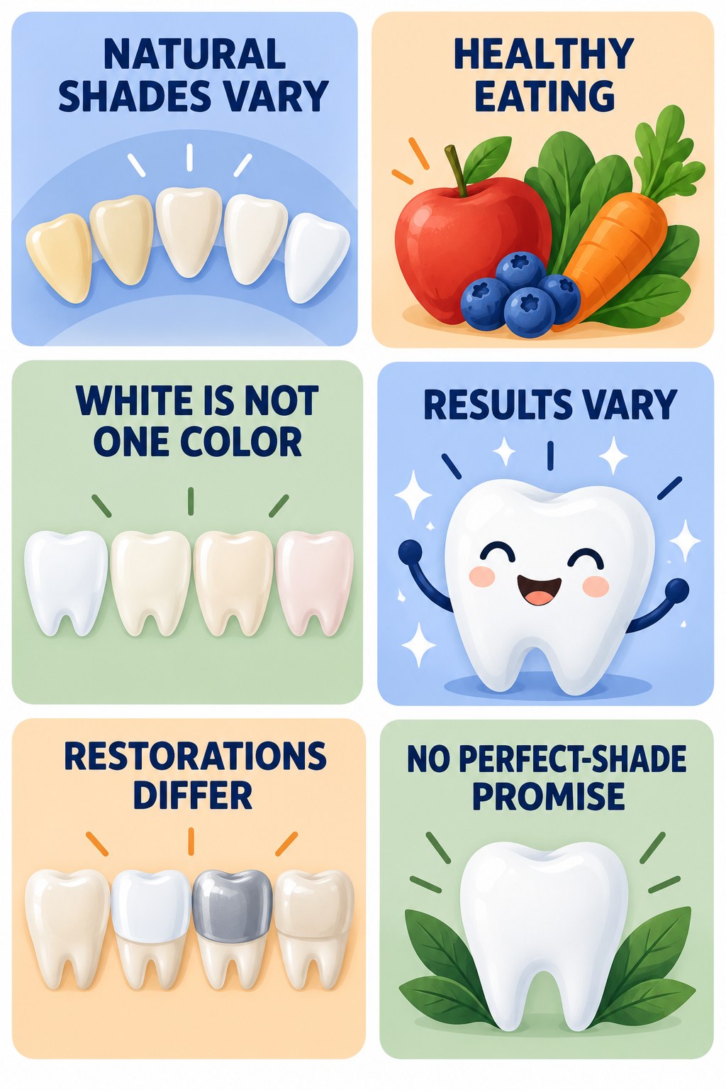 Natural Tooth Shade and Whitening Limits infographic for Healthy Eating with four concise whitening-sensitivity safety points.