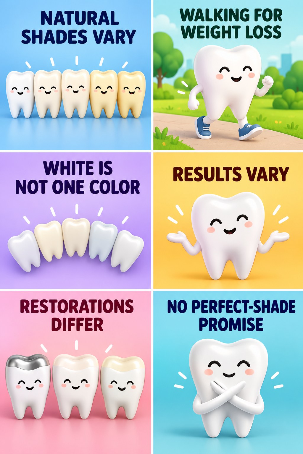Natural Tooth Shade and Whitening Limits infographic for Walking for Weight Loss with four concise whitening-sensitivity safety points.