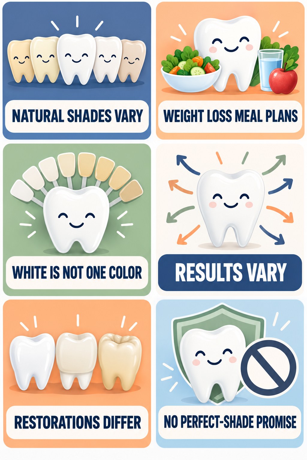 Natural Tooth Shade and Whitening Limits infographic for Weight Loss Meal Plans with four concise whitening-sensitivity safety points.