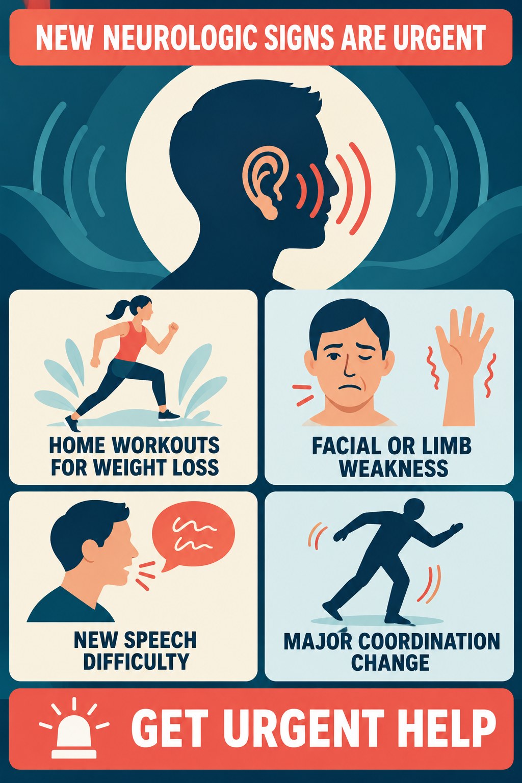 Neurologic Warning Signs With Tinnitus infographic for Home Workouts for Weight Loss with four concise evaluation-guidance points.