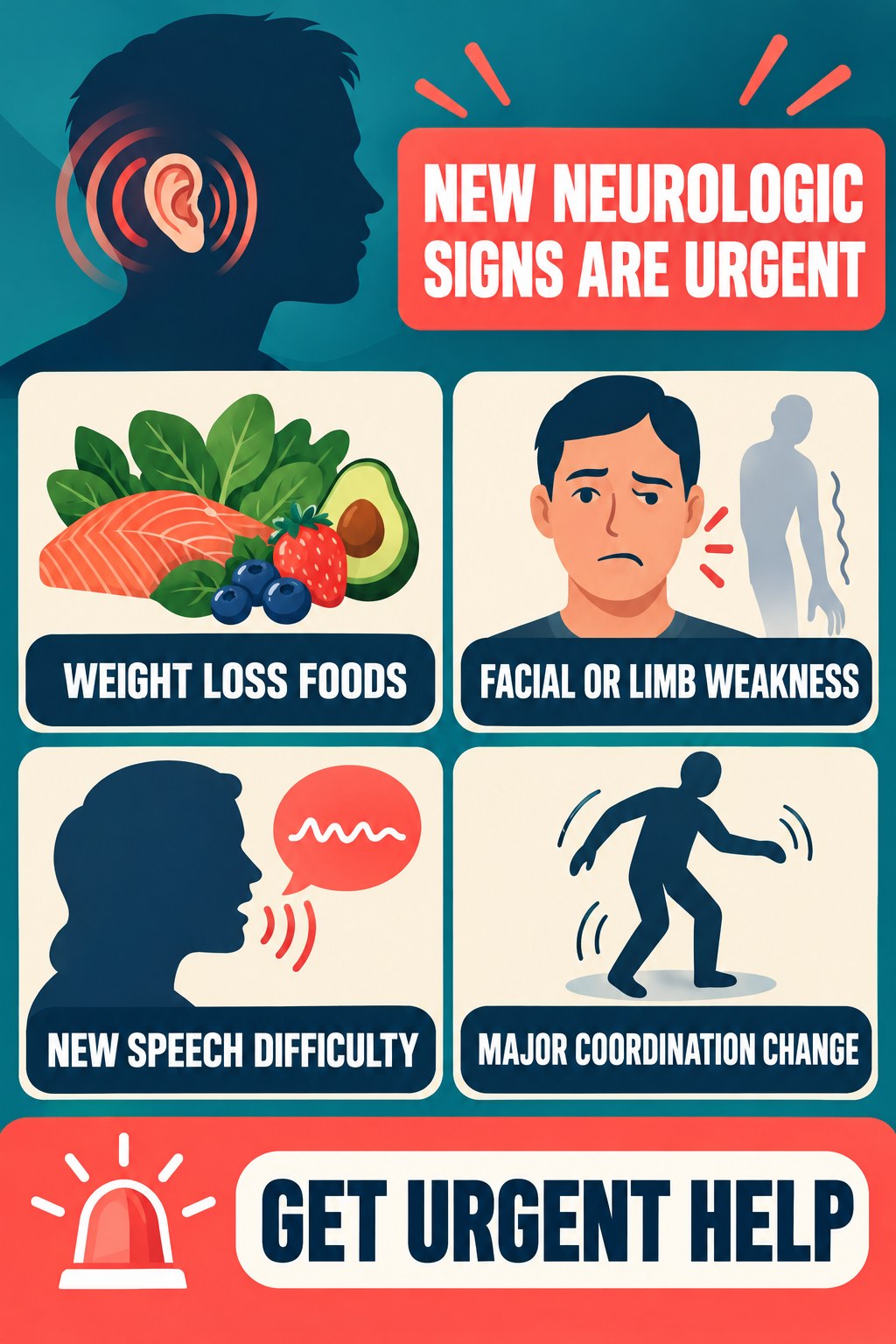 Neurologic Warning Signs With Tinnitus infographic for Weight Loss Foods with four concise evaluation-guidance points.