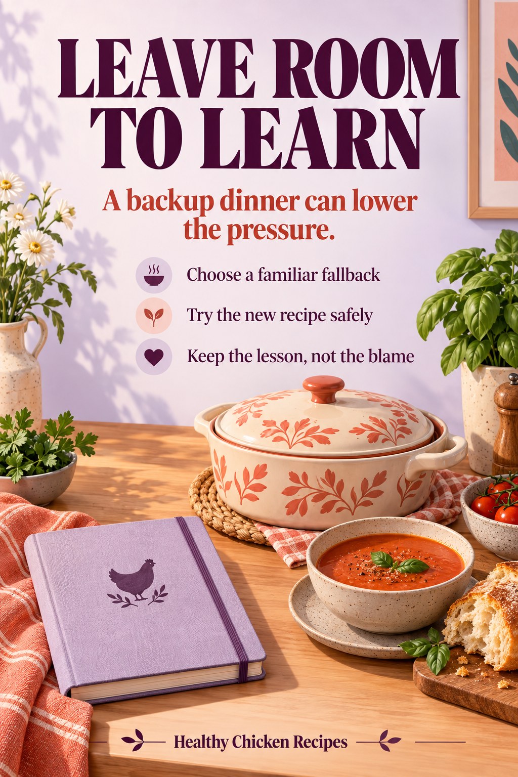 Recipe notebook beside a covered casserole and a separate soup and bread meal beneath a learning message