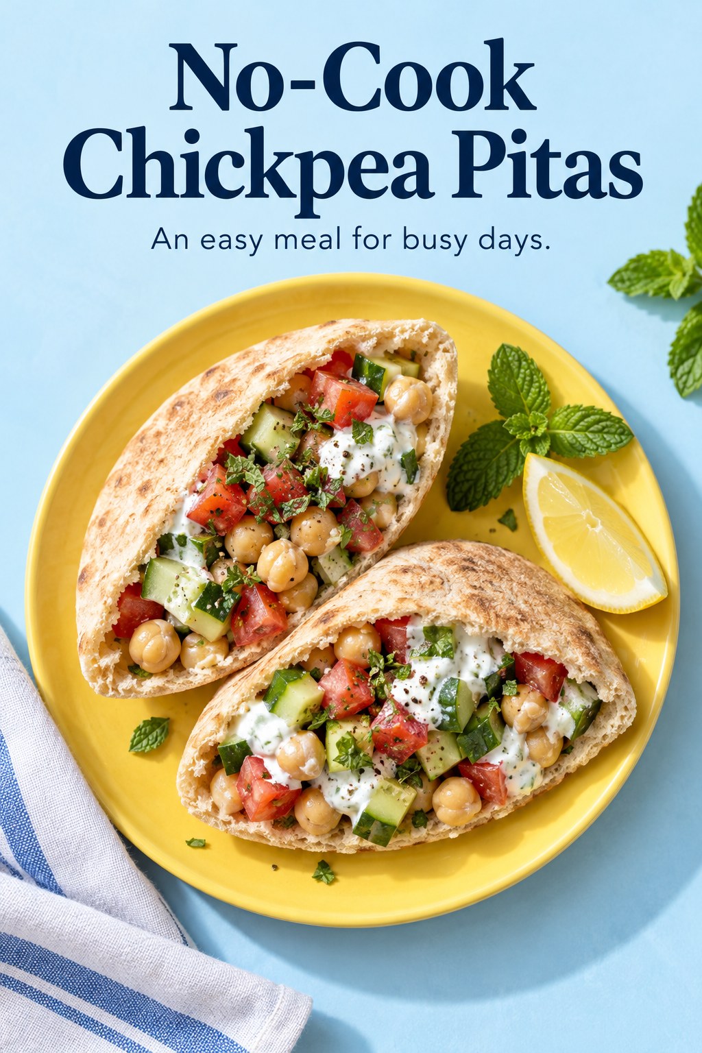 Pita pockets filled with chickpeas, cucumber, tomato, and yogurt dressing on a yellow plate.