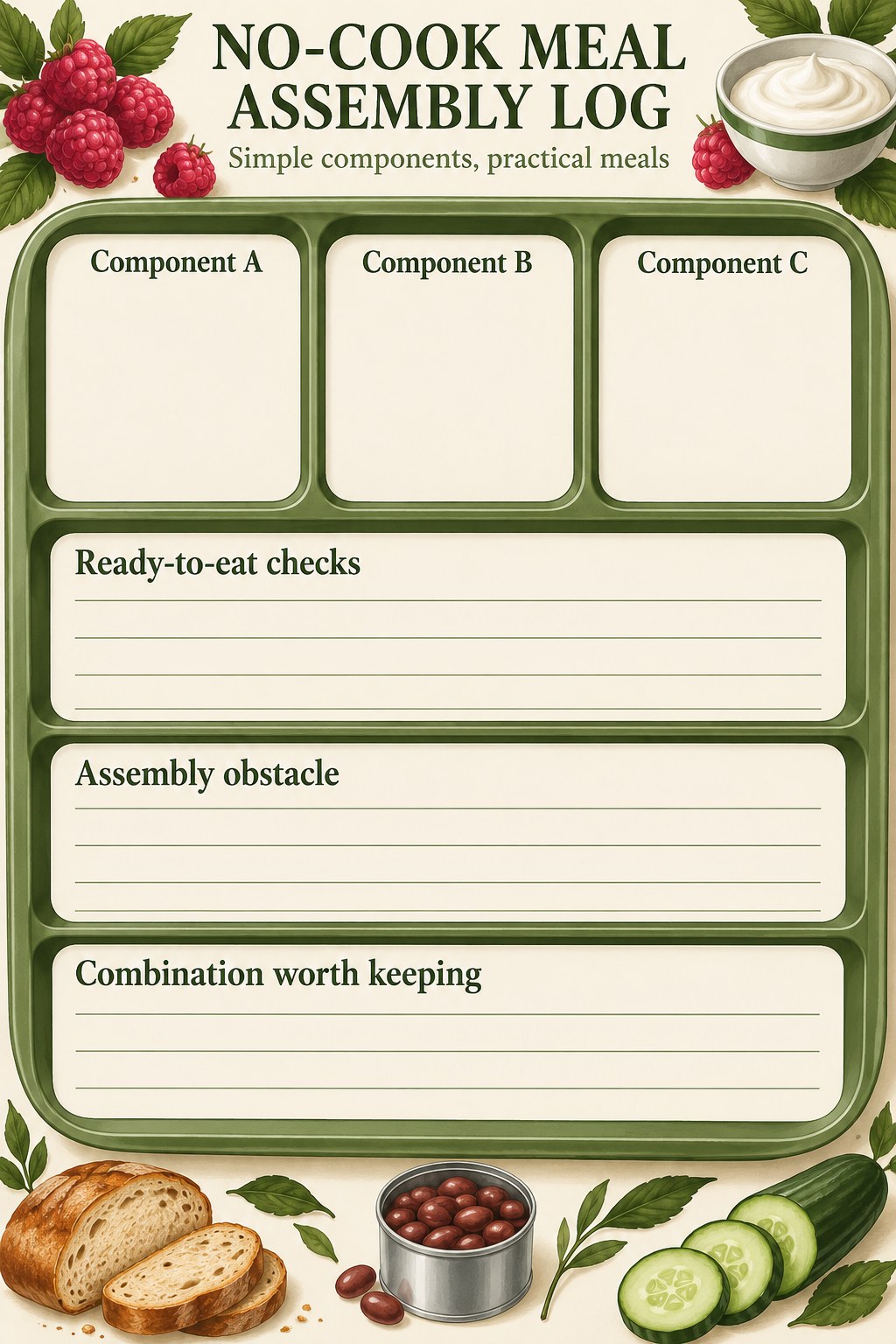 Blank no-cook meal assembly tracker with component, ready-to-eat check, obstacle, and combination fields.